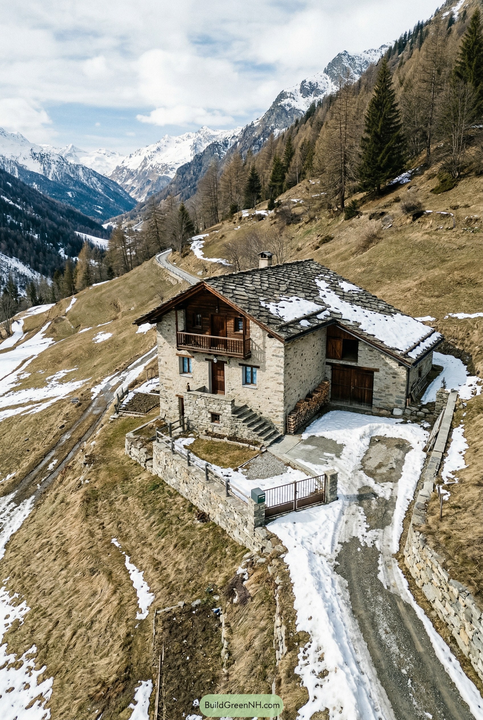 Stone alpine chalet on a snowy hillside