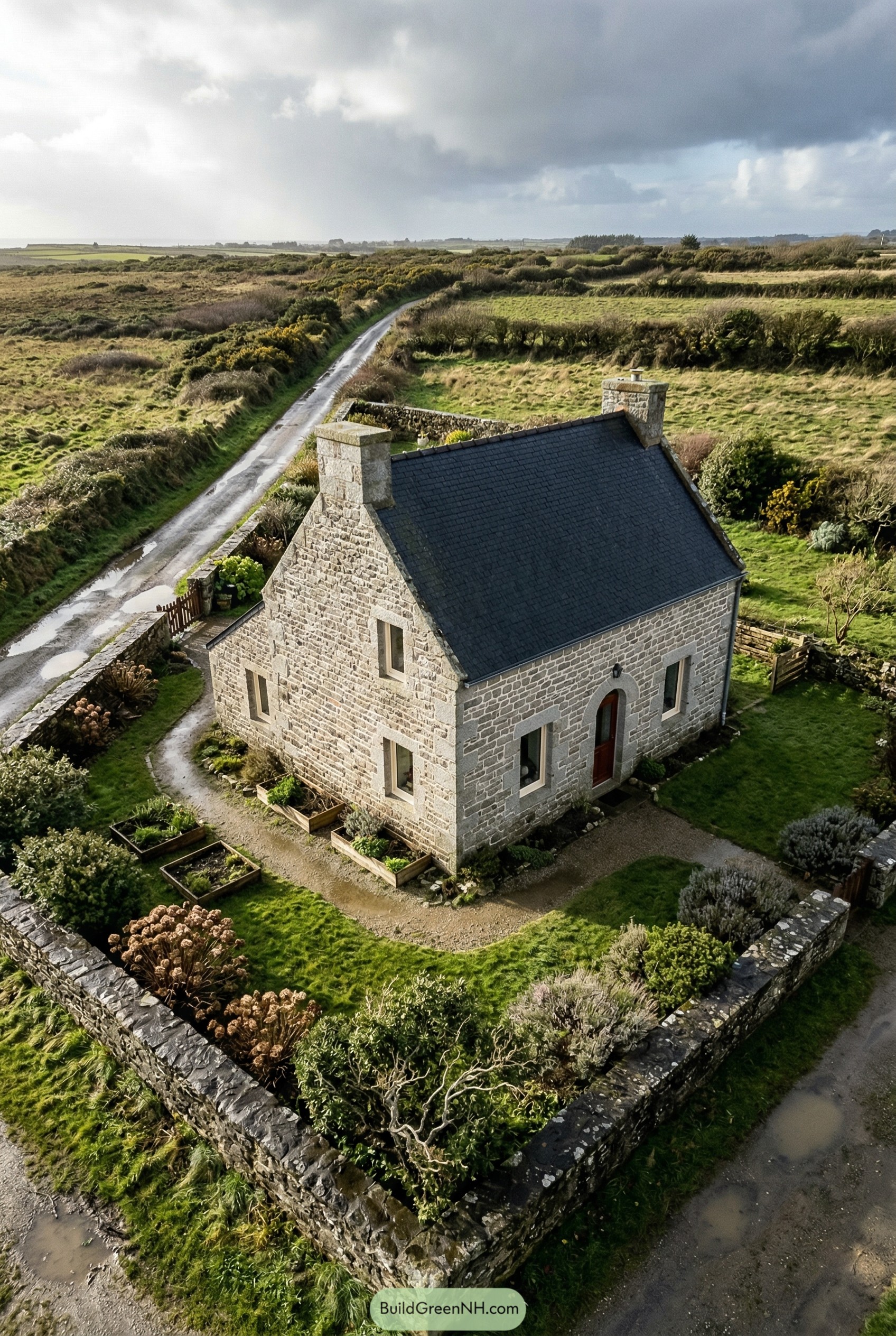 Stone cottage with steep dark roof