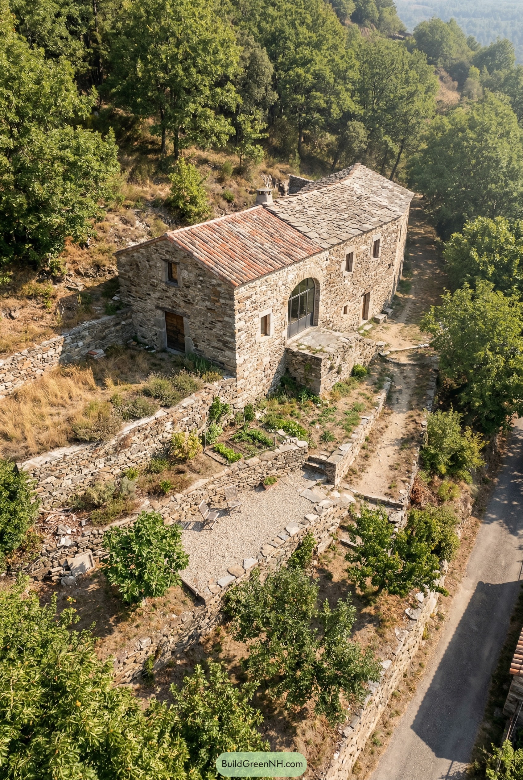Terraced stone house on a wooded hillside