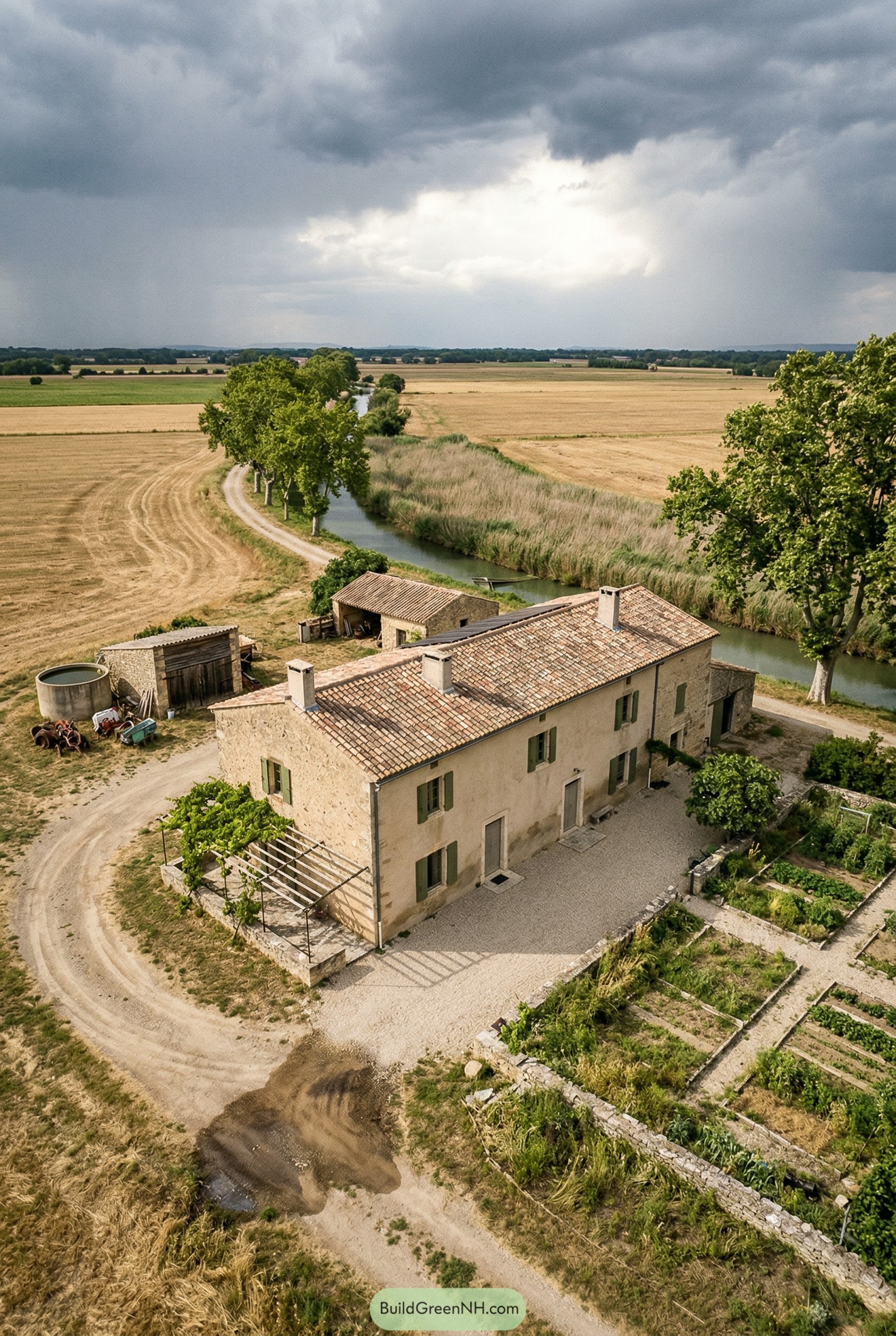 Stone farmhouse beside canal and fields