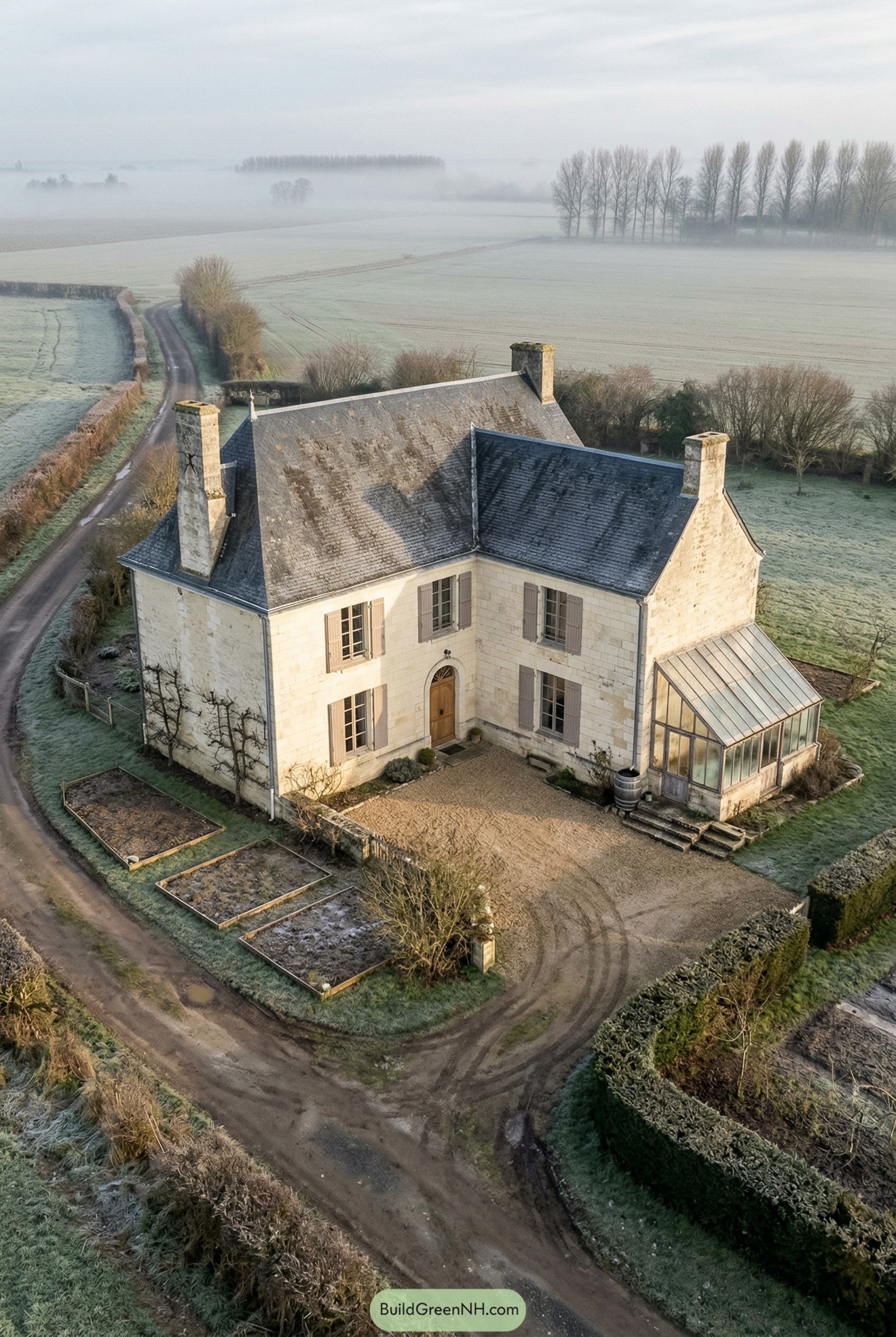 Aerial view of French limestone house with conservatory