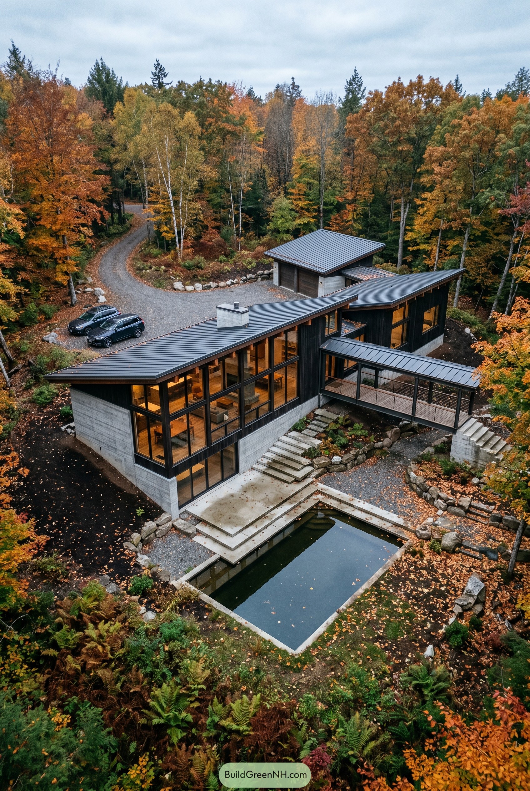 Black modern forest home with reflecting pool