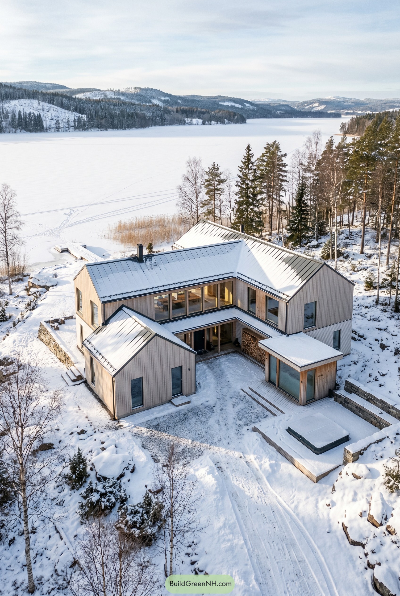 Modern timber house above frozen lake