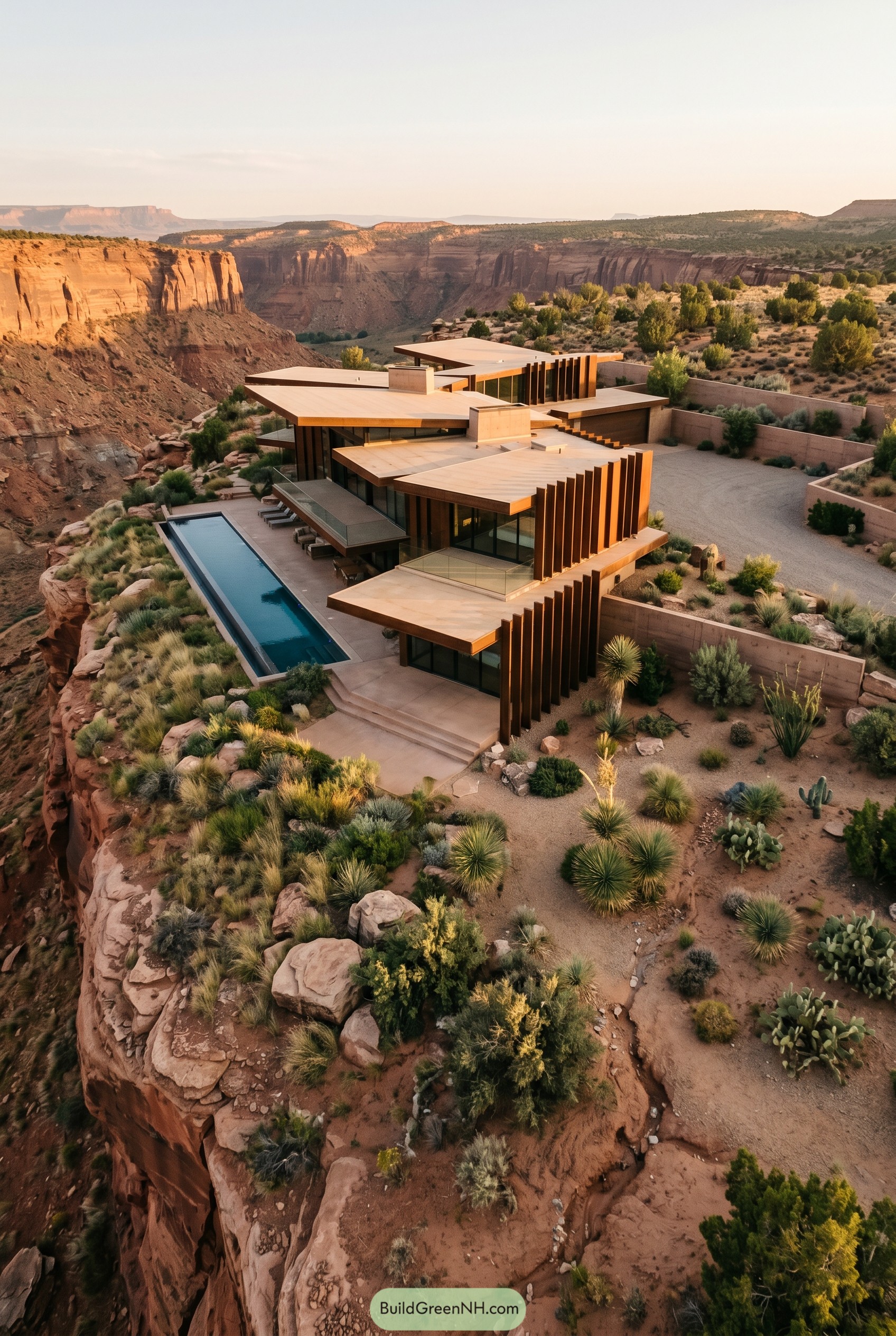 Modern cliffside desert house with lap pool