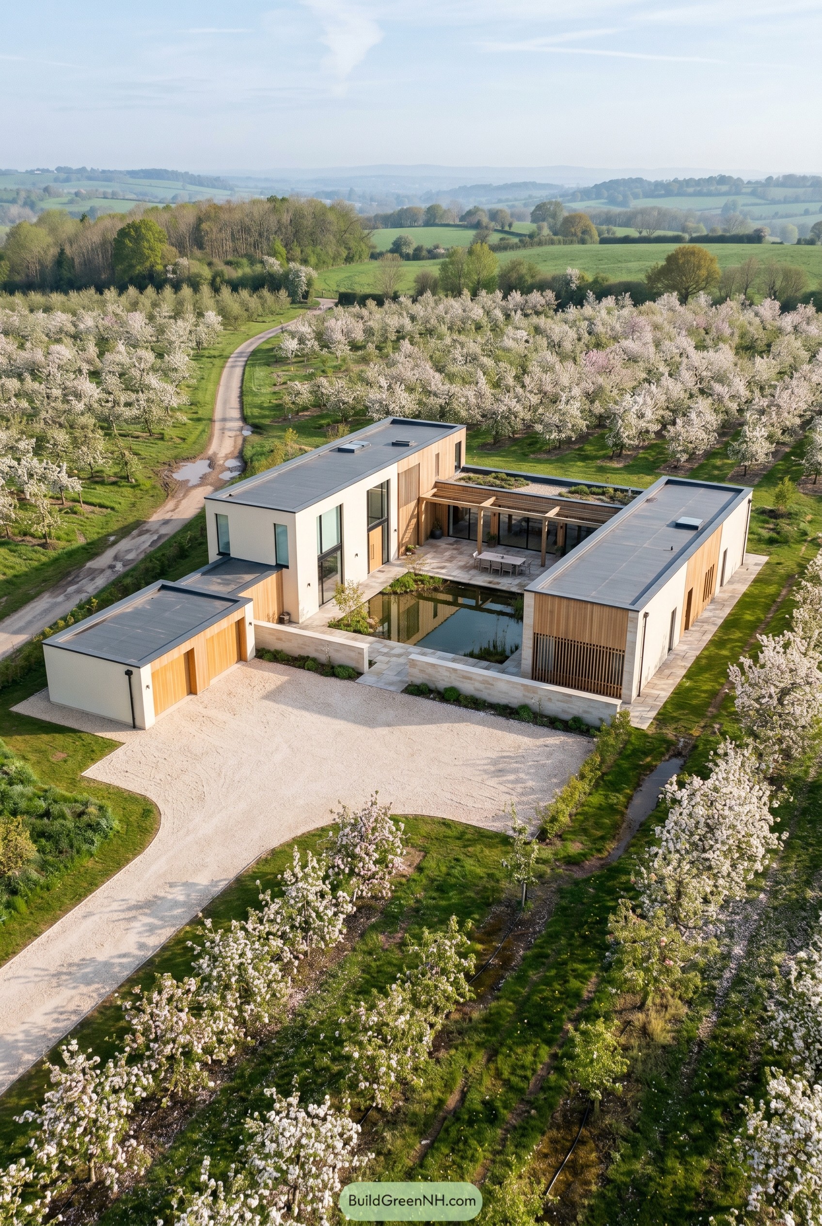 Modern courtyard house set in a blooming orchard