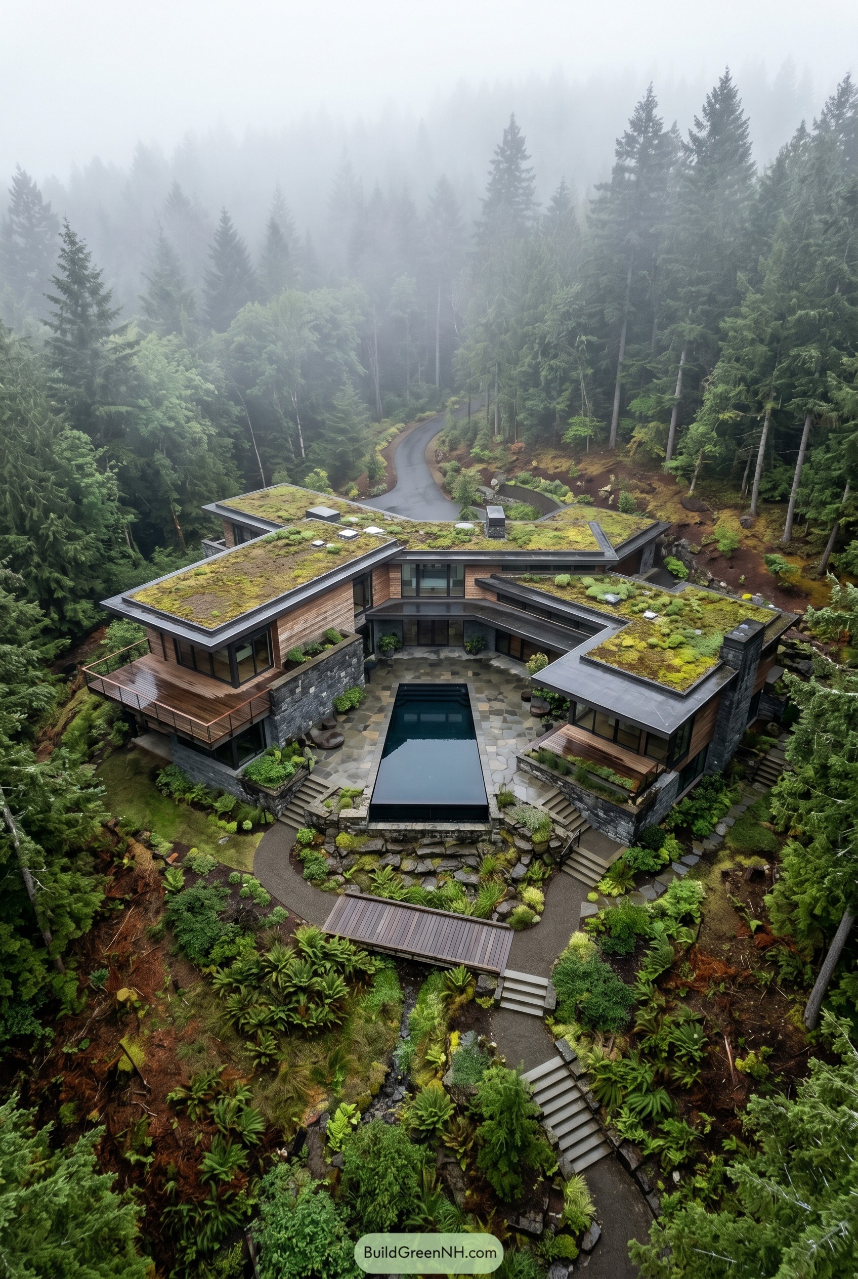 Modern forest home with green roofs and central pool