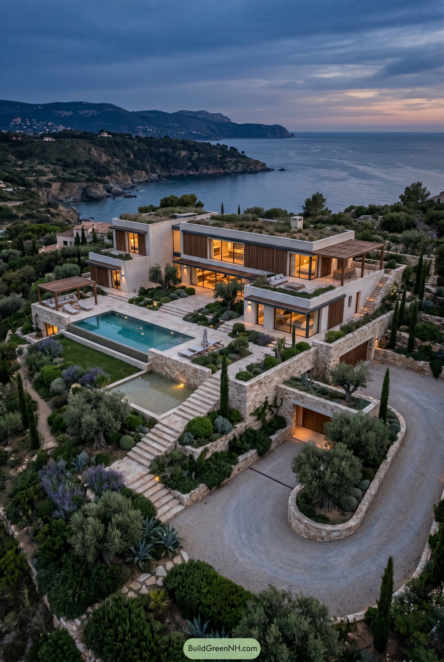 Modern terraced hillside villa overlooking the sea