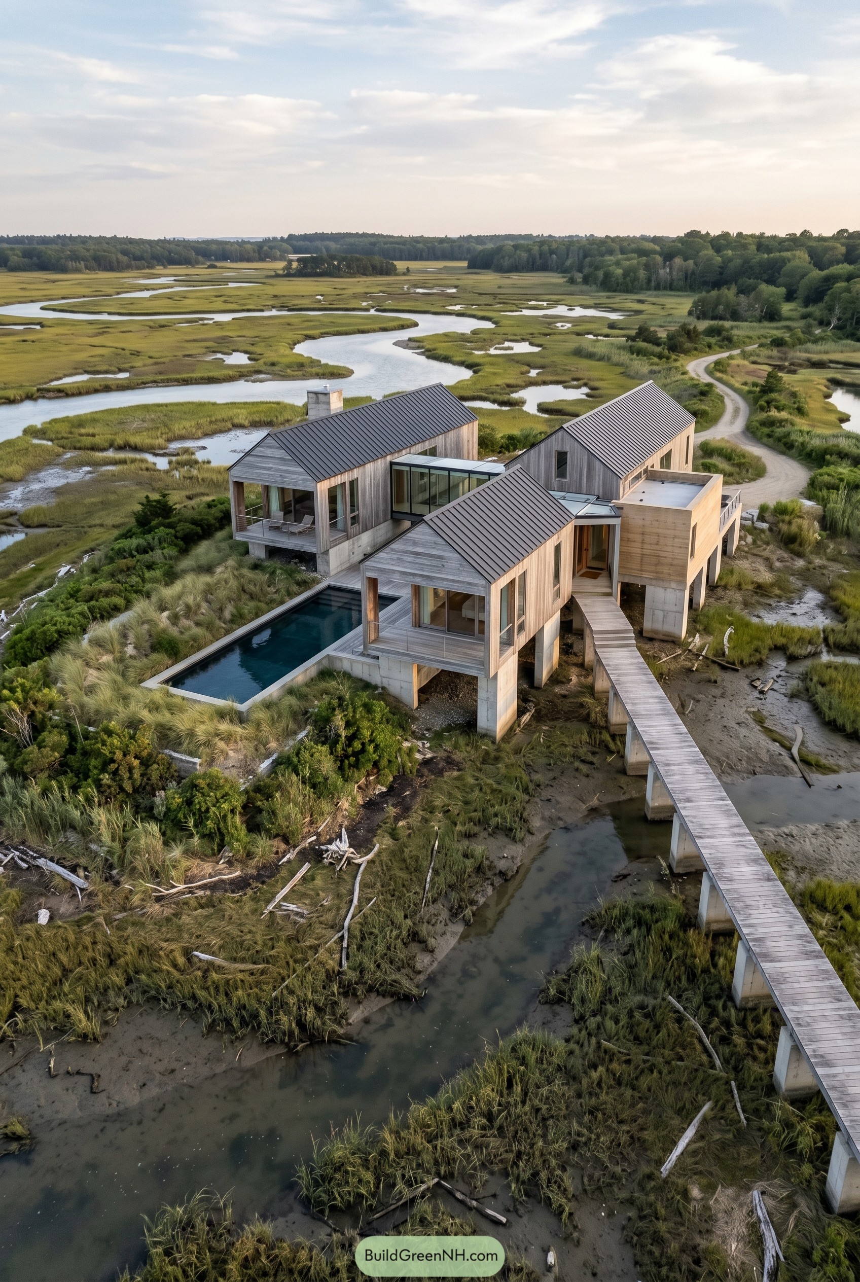Modern marsh house on stilts with pool