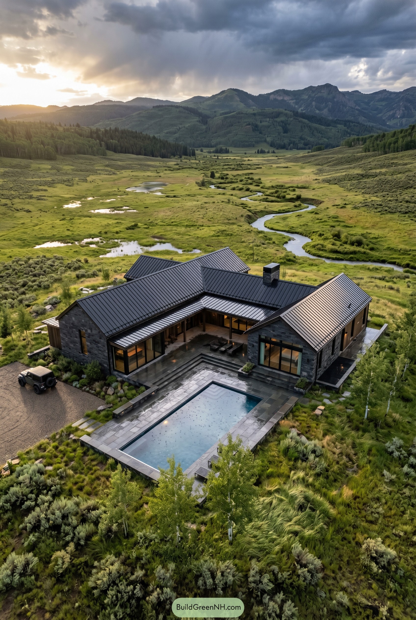 Stone courtyard house with pool in a mountain meadow