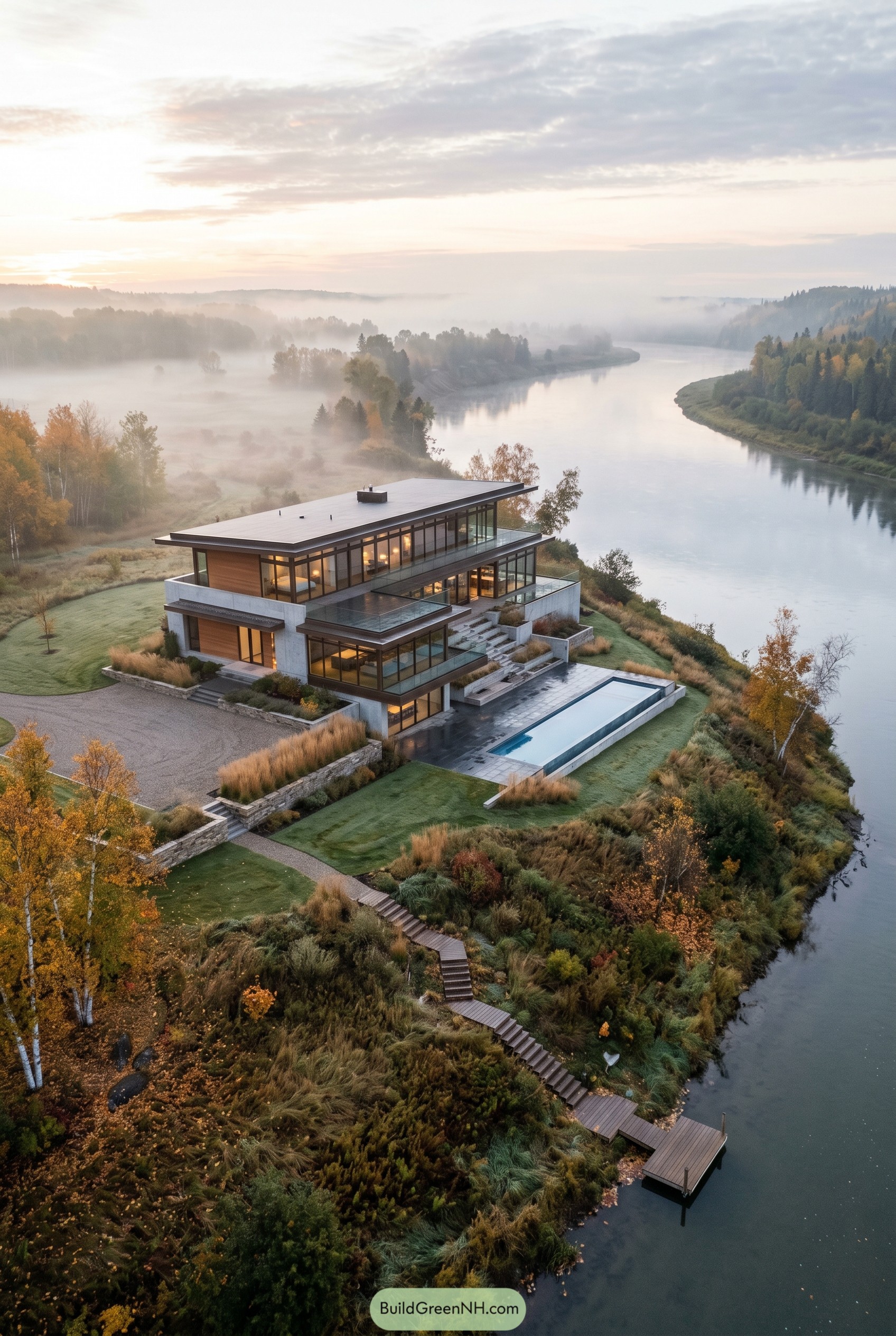 Modern terraced house above a misty river bend