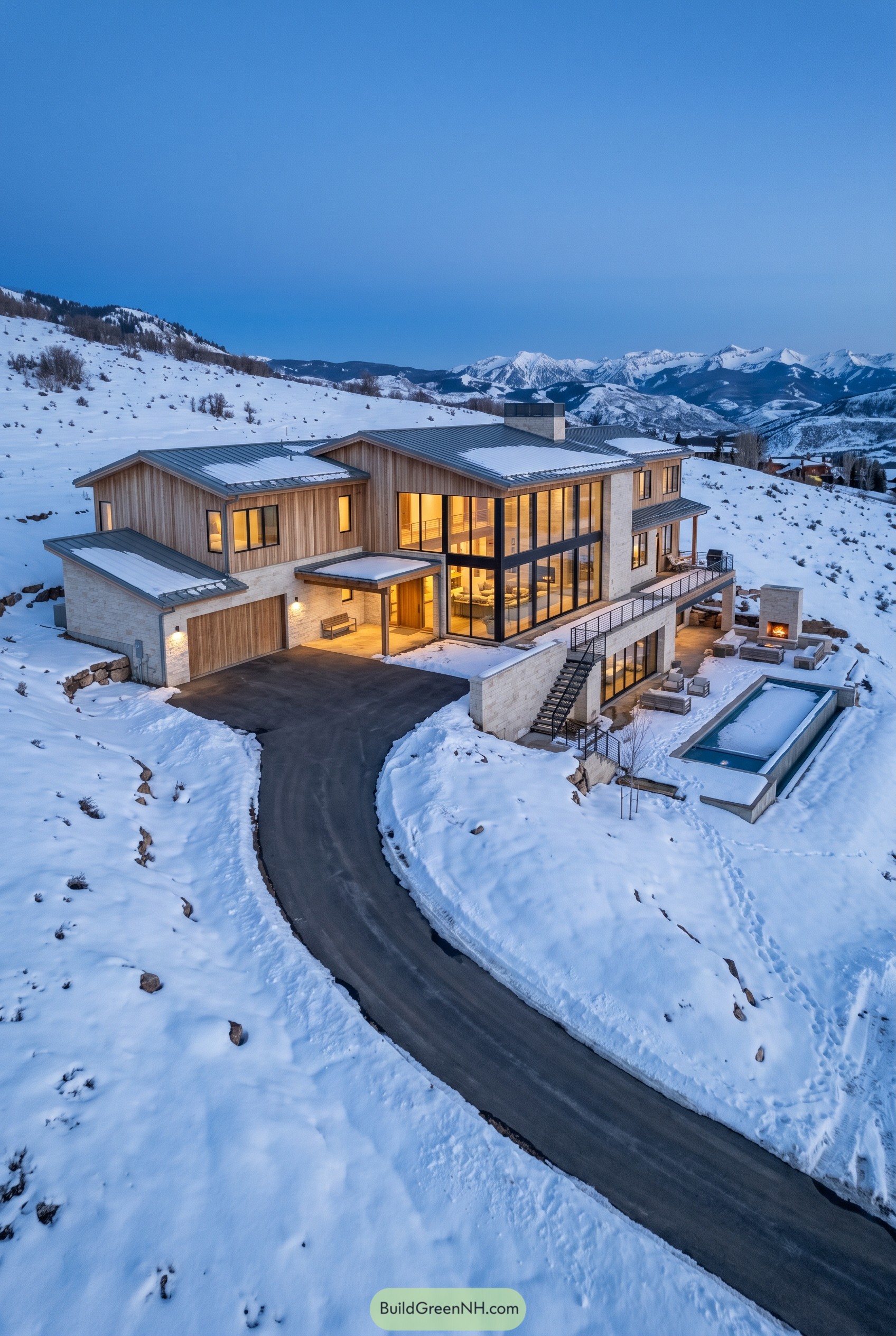 Modern mountainside house in snow at dusk