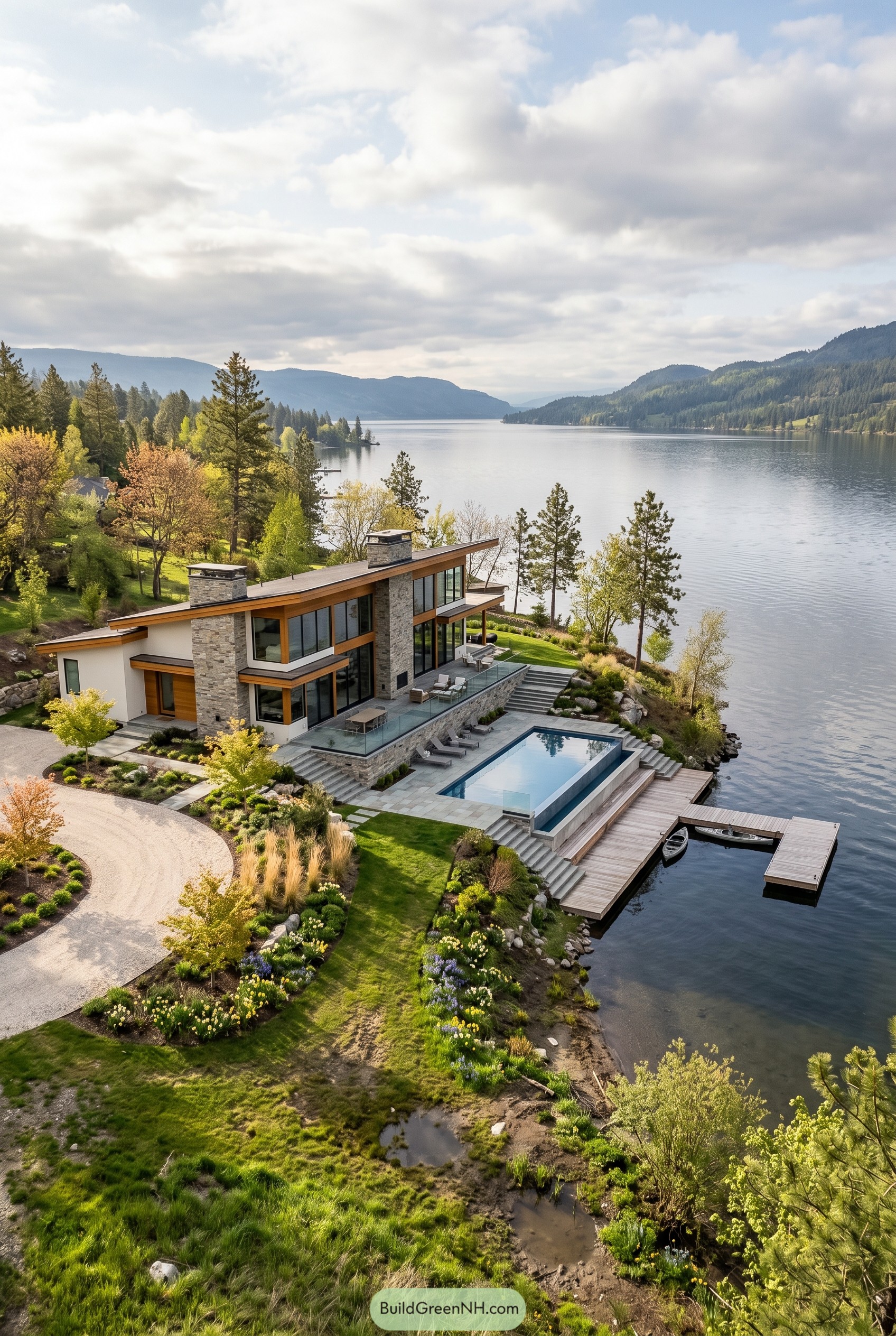 Modern lakeside home with pool and dock