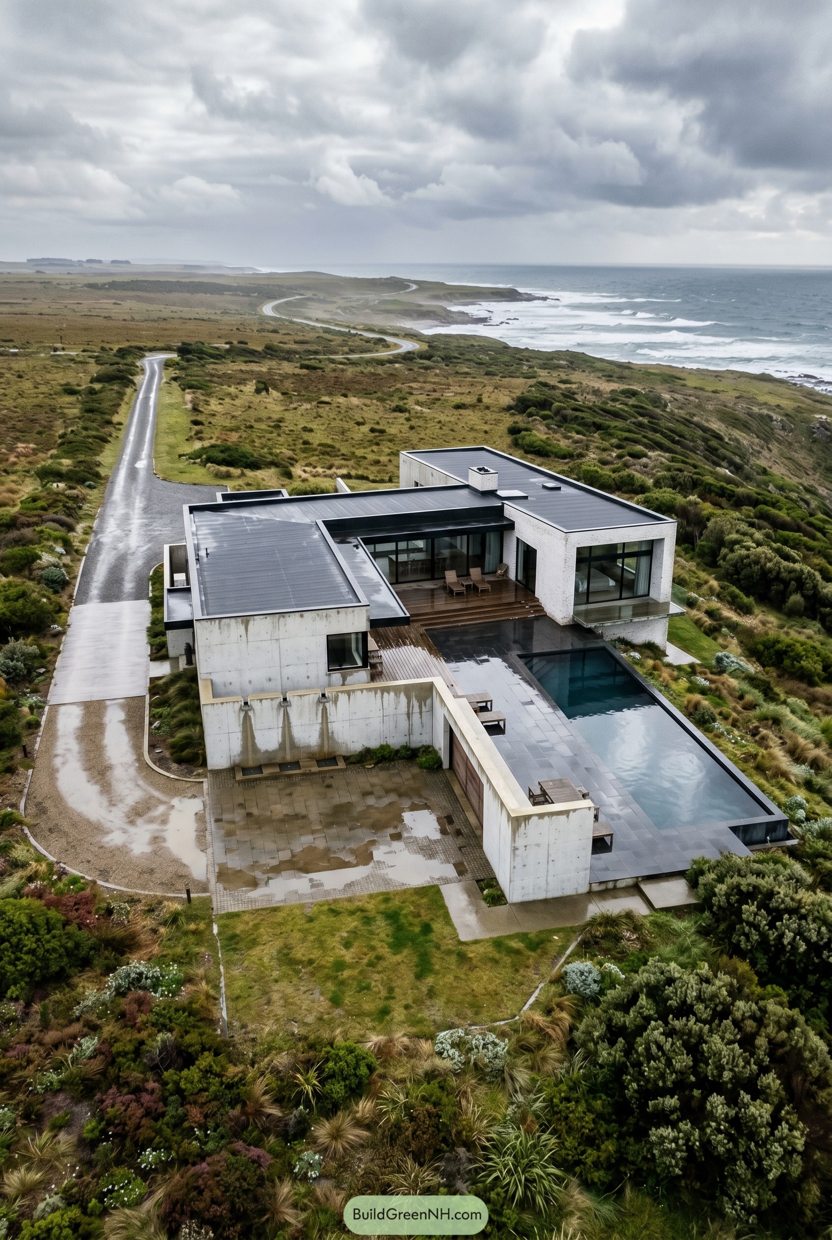 Modern concrete coastal house with lap pool
