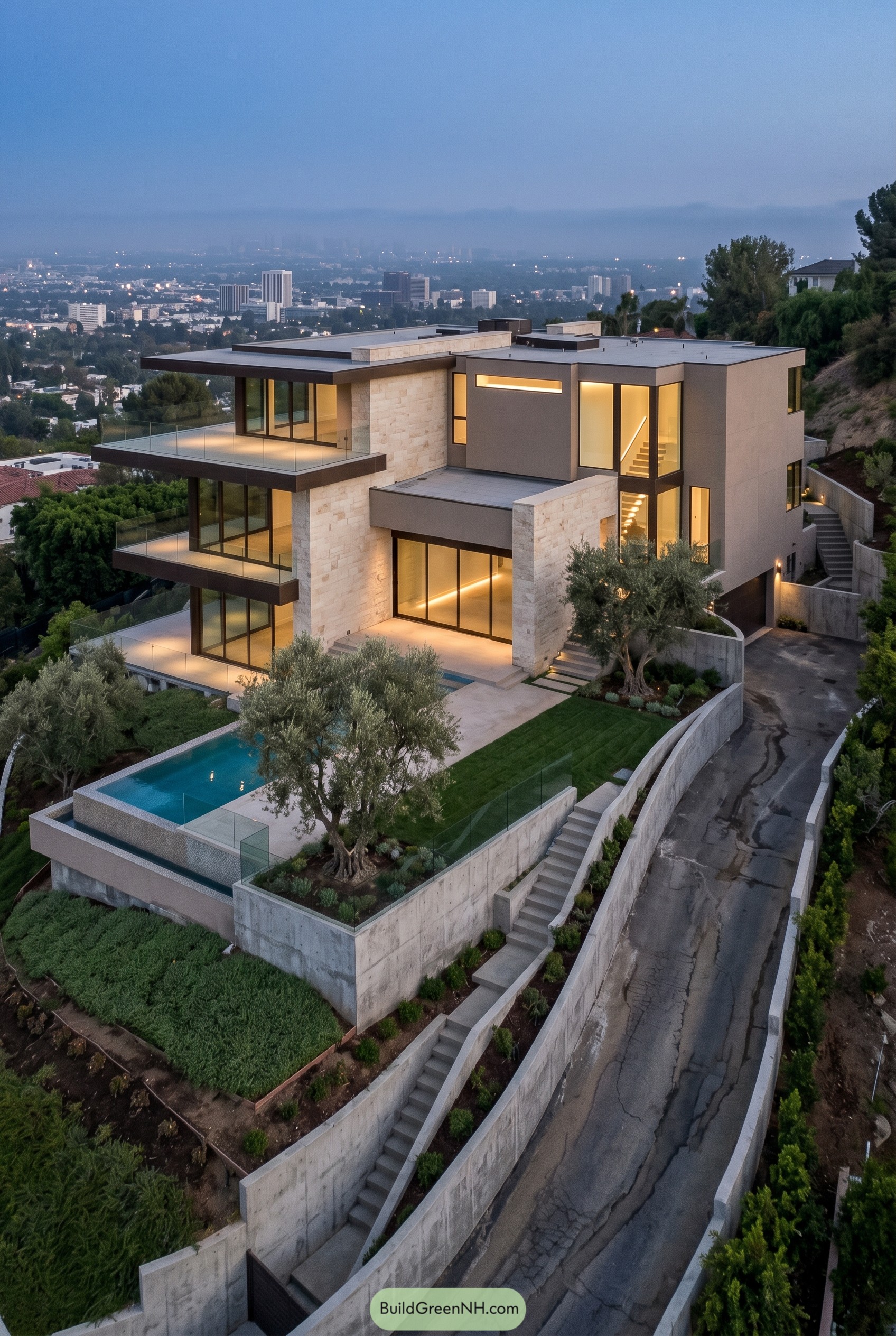 Modern hillside house with terraces and pool