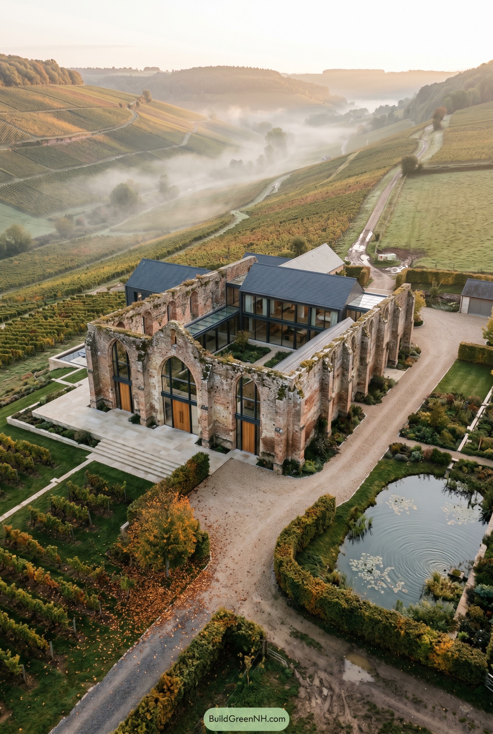 Modern glass residence set within old stone abbey ruins among vineyards