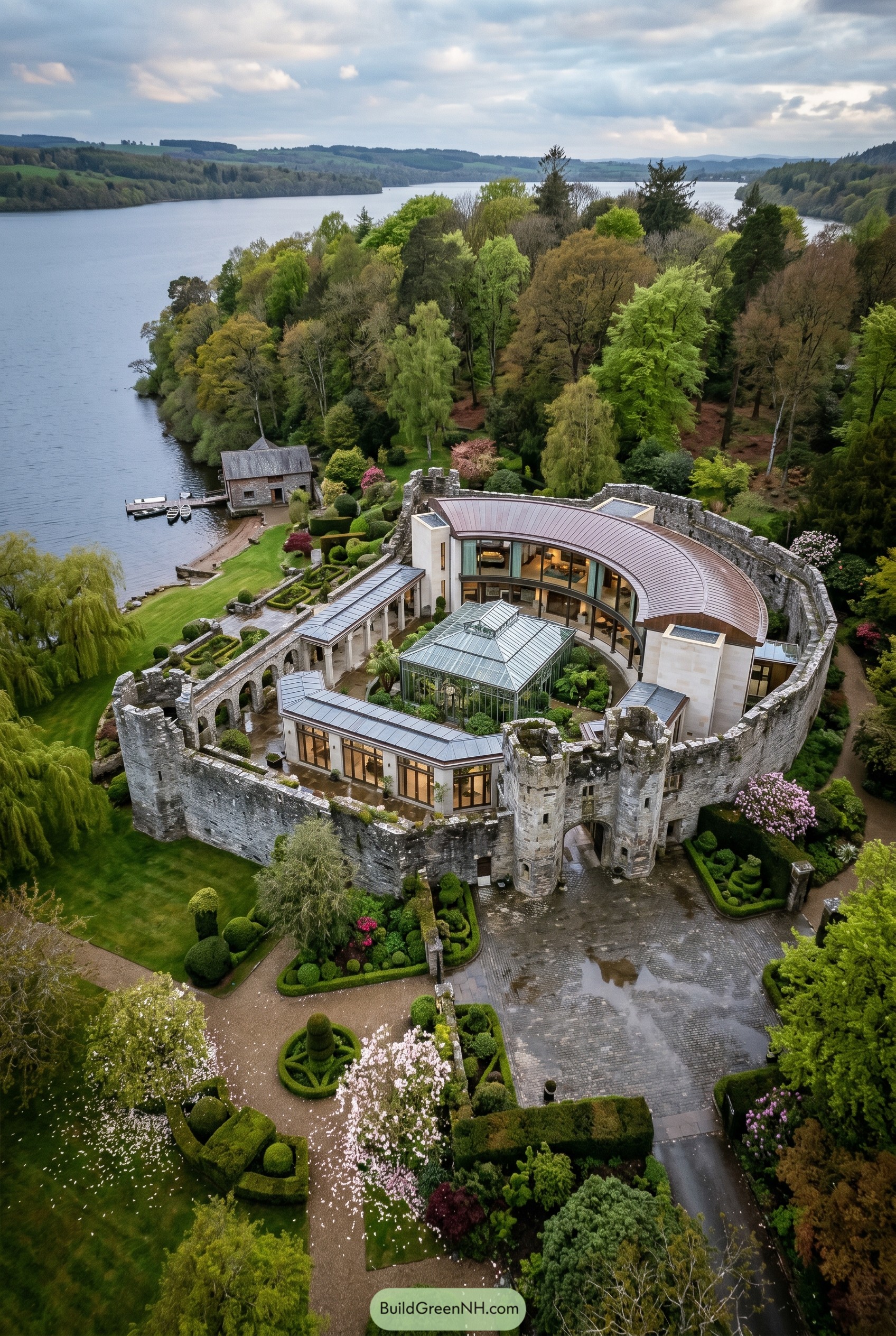 Curved modern home inside lakeside castle ruins