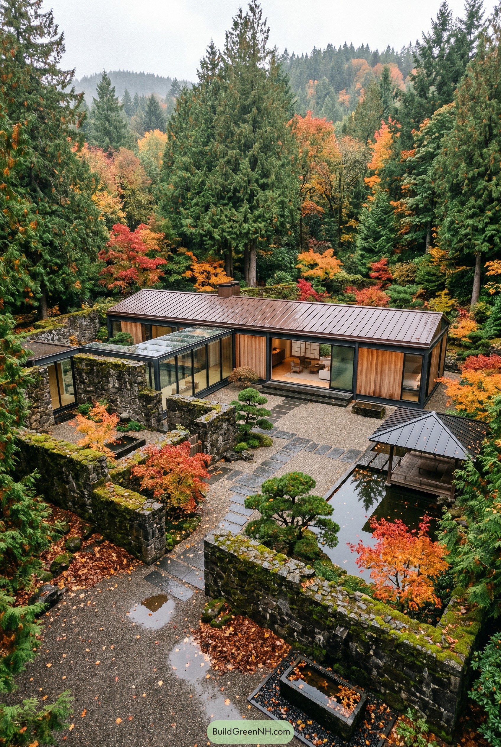 Modern cedar home within mossy stone ruins and a reflecting pond in autumn forest