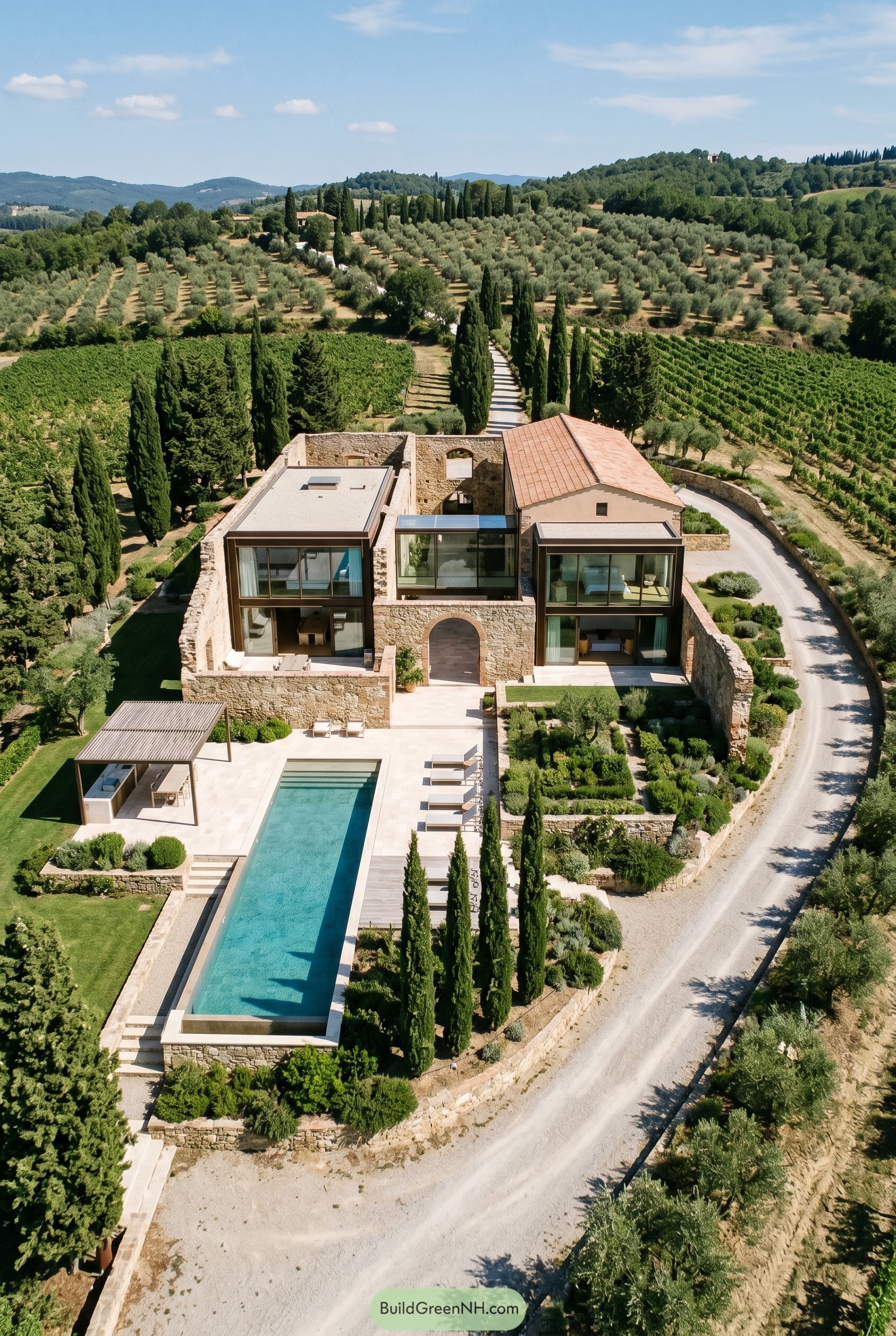 Stone ruin villa with glass wings pool and cypress drive