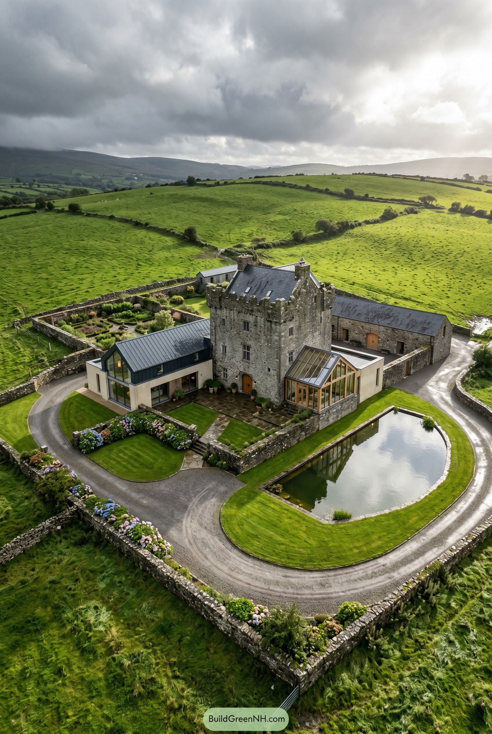 Stone tower residence with modern glass wings and pond