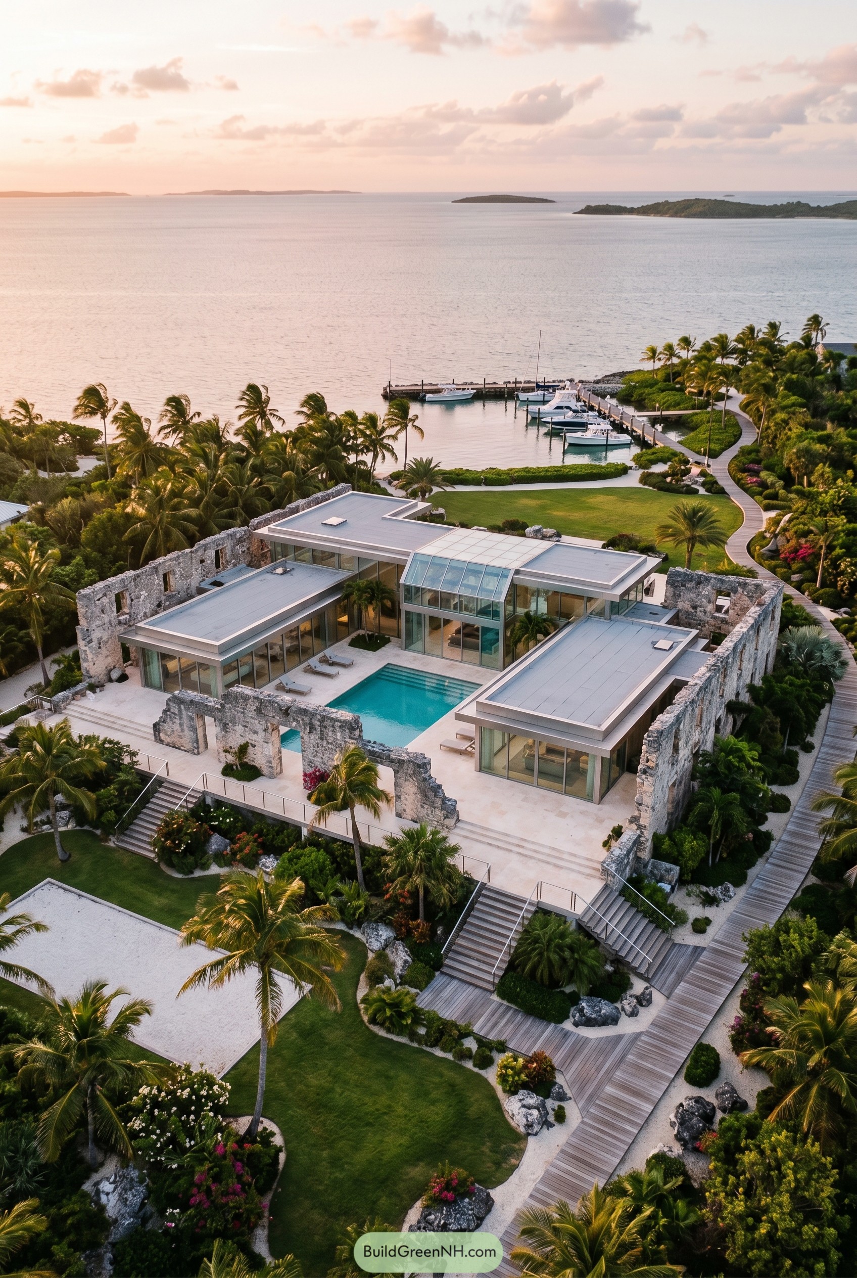 Modern glass villa within seaside stone ruins by a dock