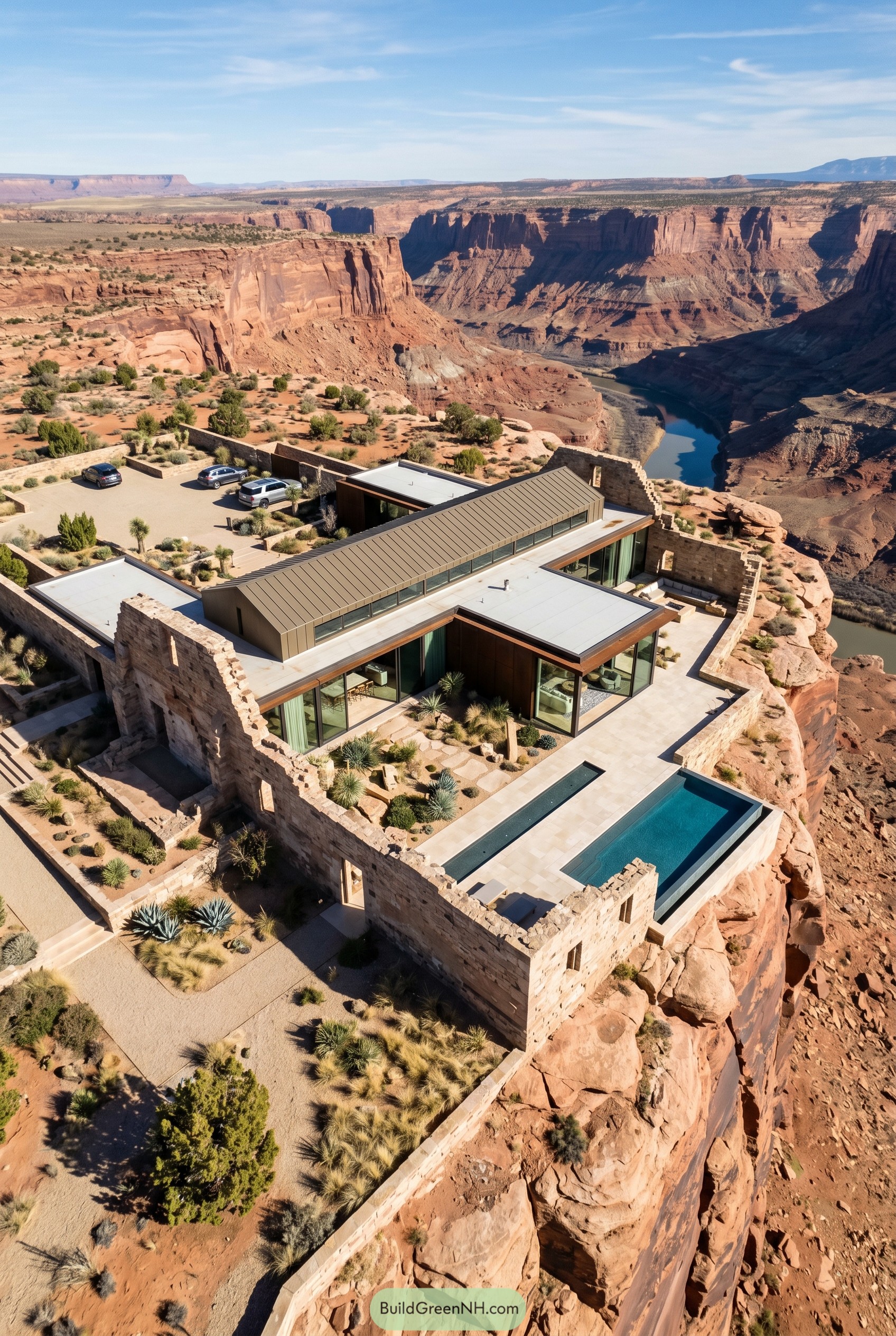 Modern glass villa inside cliffside stone ruins above a canyon
