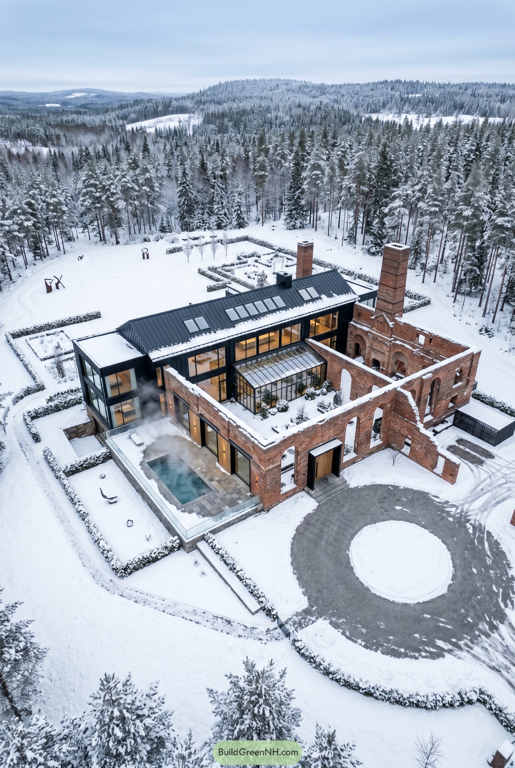 Modern glass home built within brick ruins in snow
