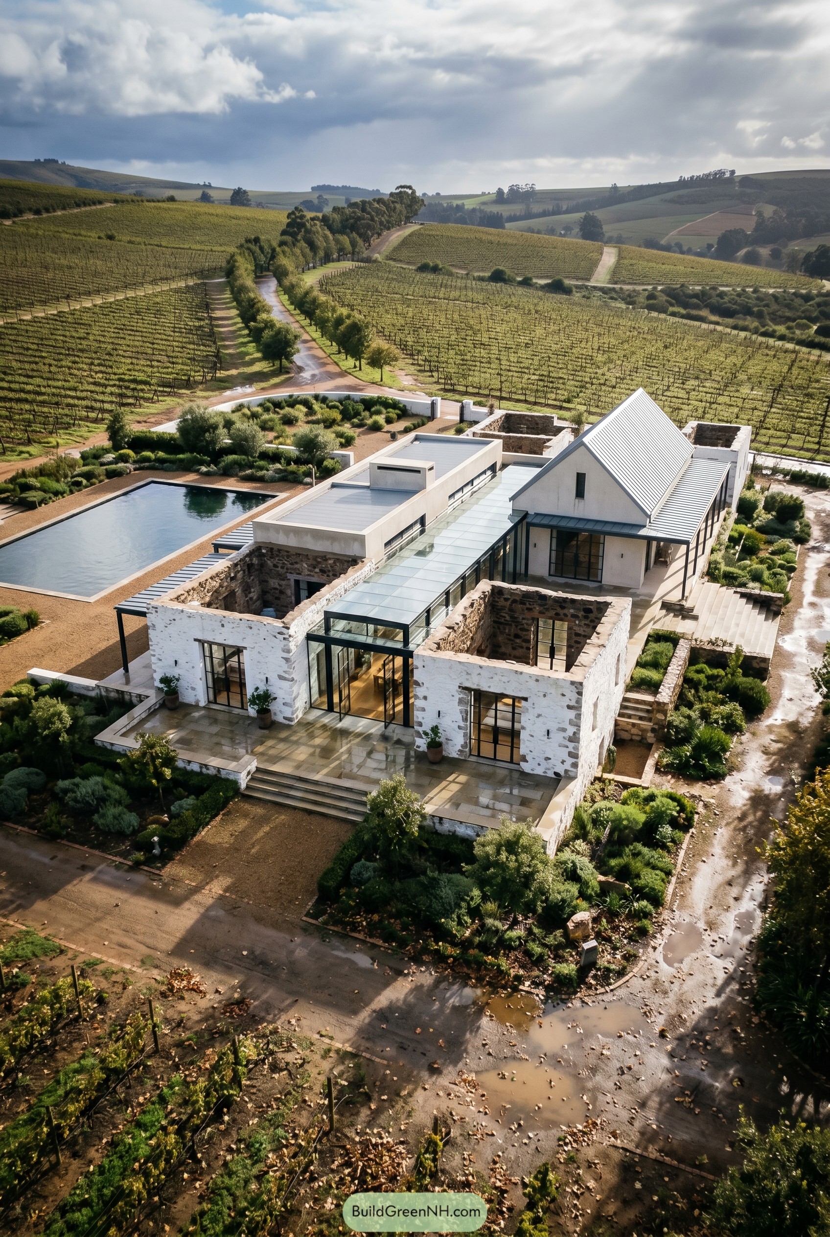 Modern vineyard house integrated with white stone ruins