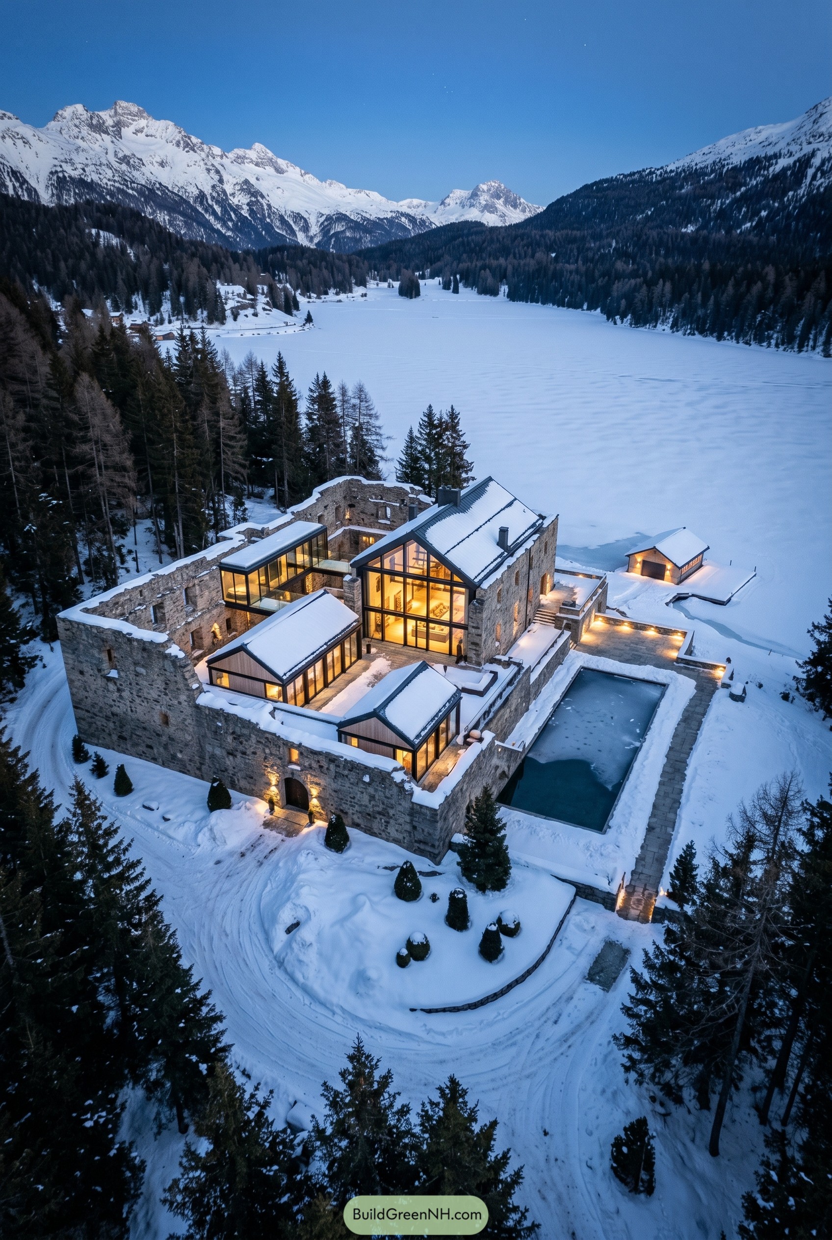 Stone ruin mansion with glass gables beside a frozen alpine lake
