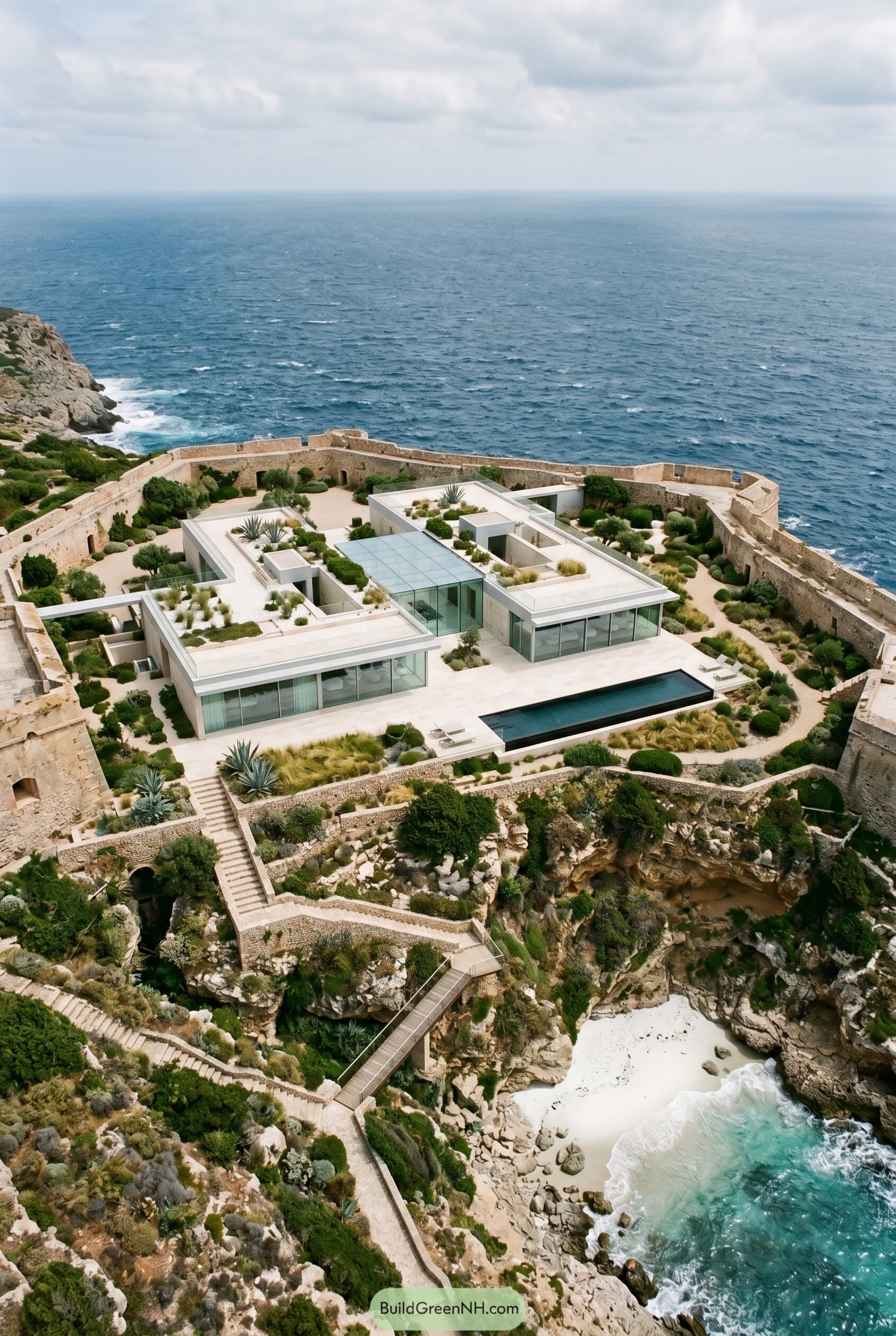 Modern glass villa inside seaside fortress ruins