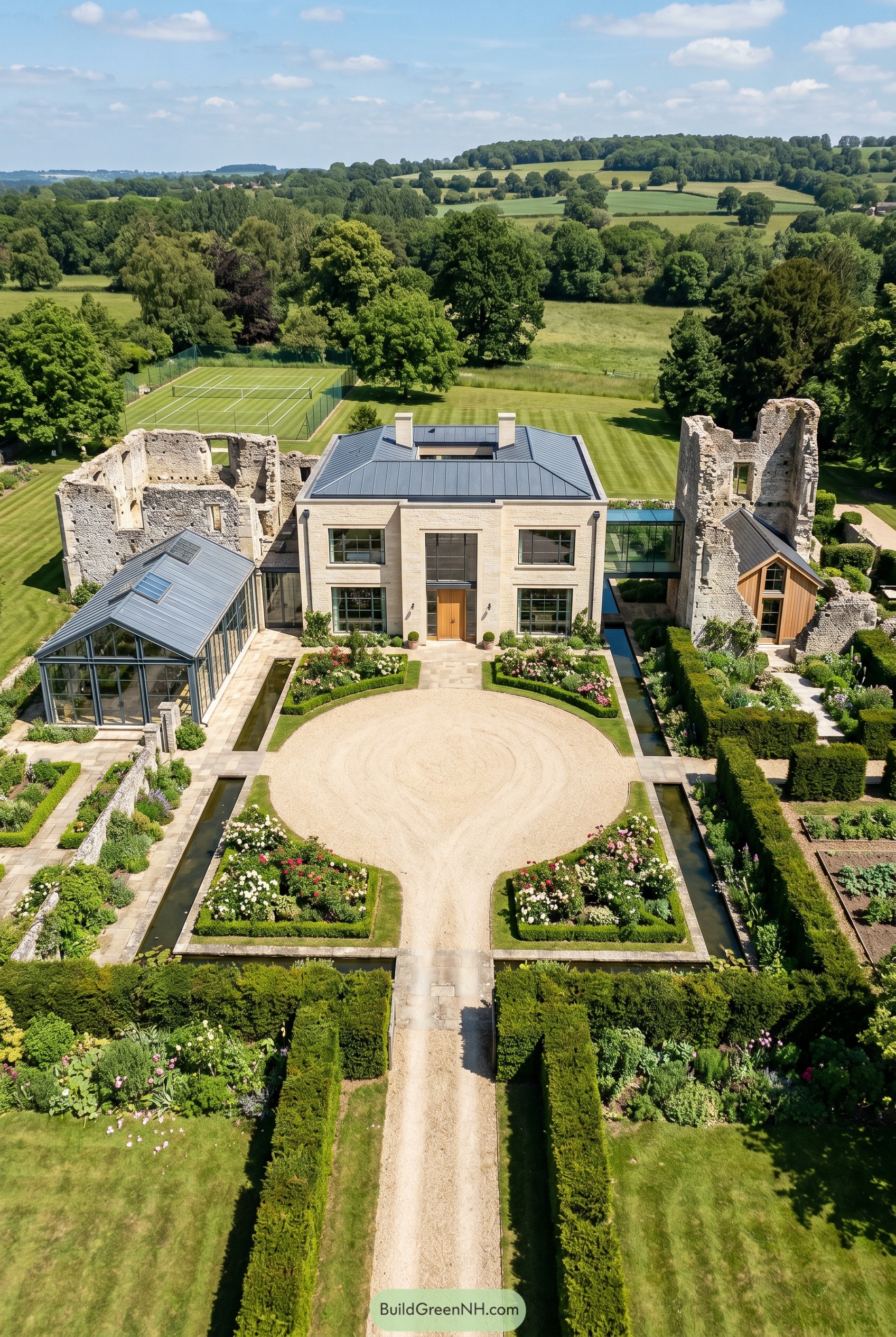 Modern manor framed by stone ruins and formal gardens