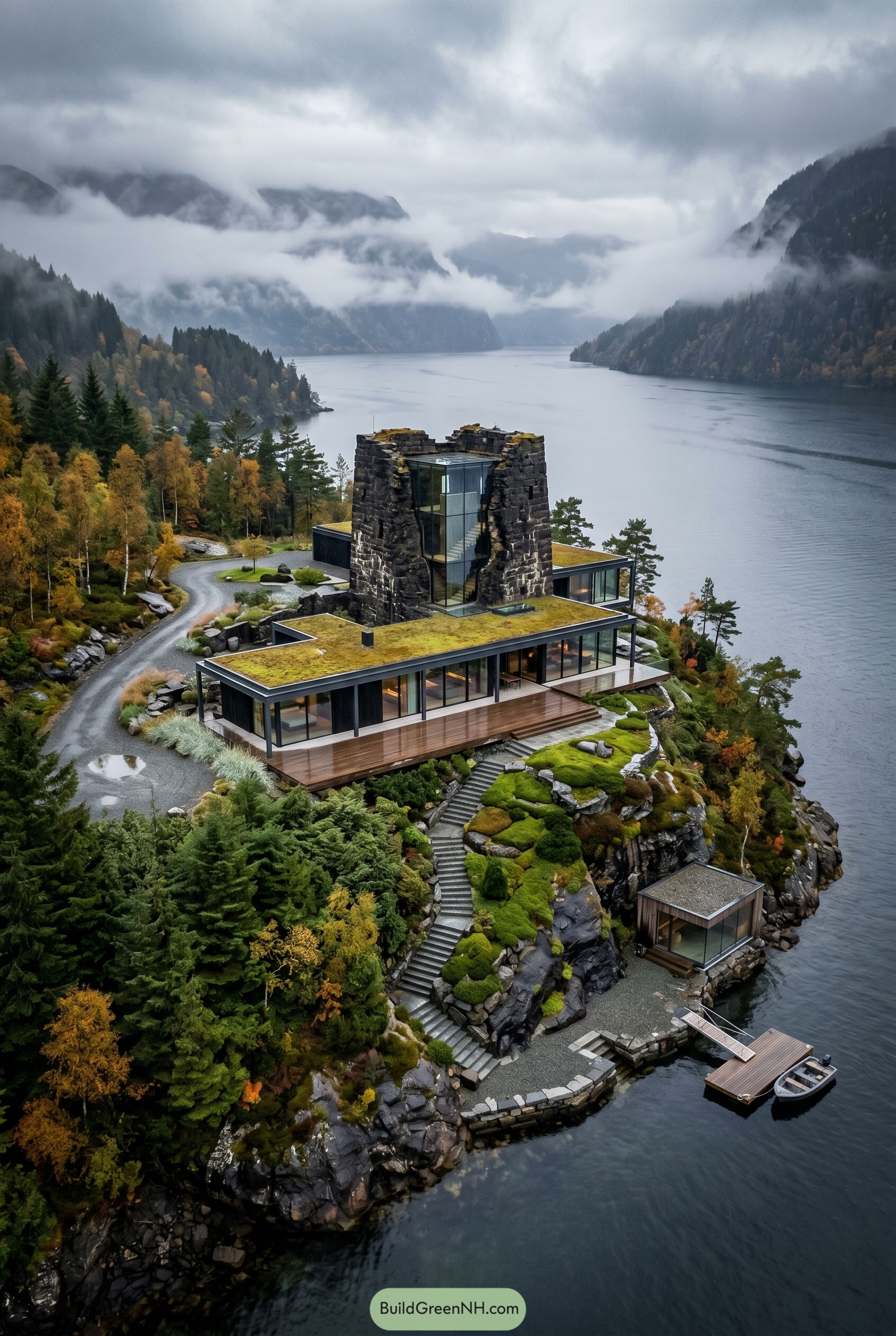 Modern glass mansion set within a stone ruin above a fjord