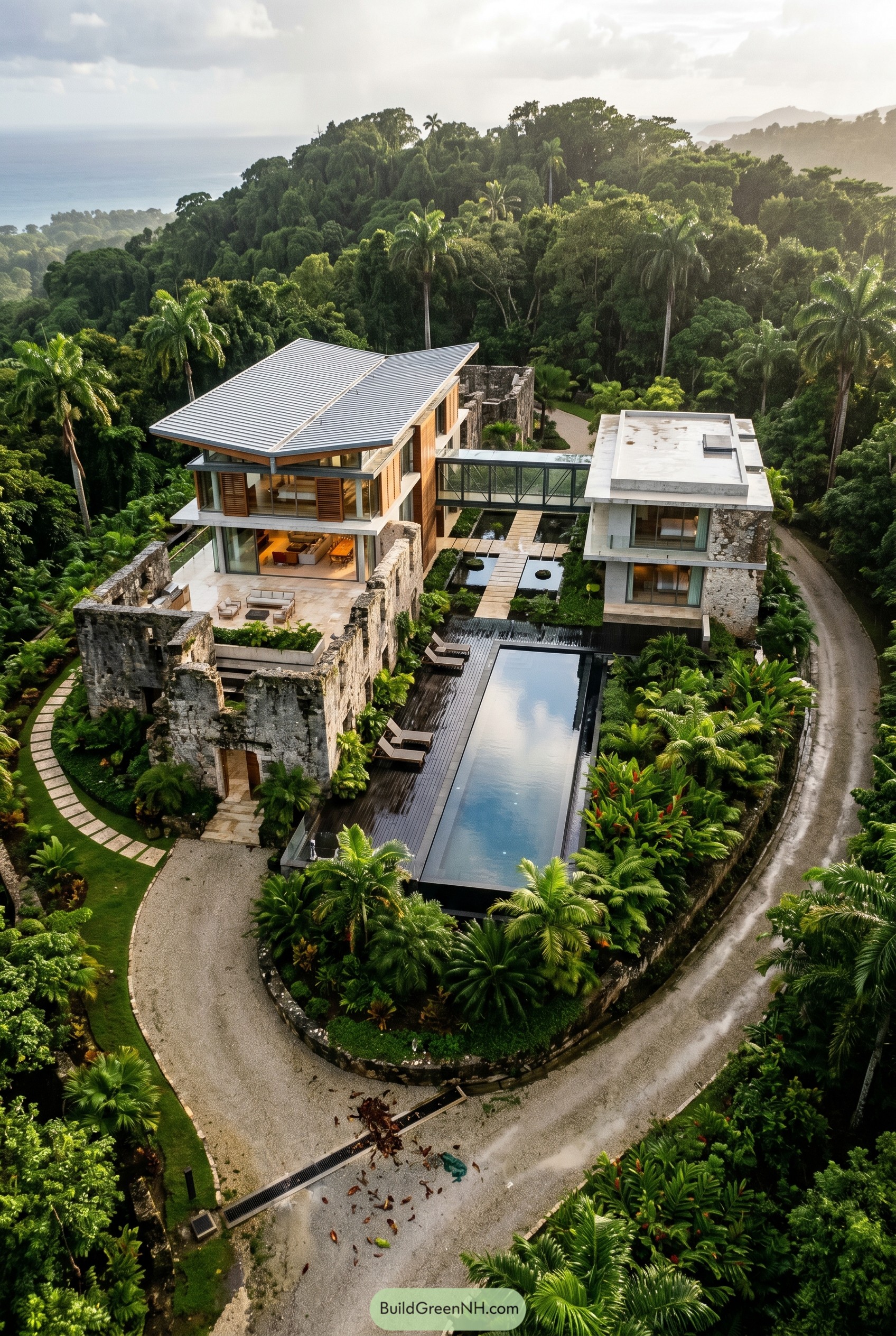 Modern villa with stone ruins pool and skybridge