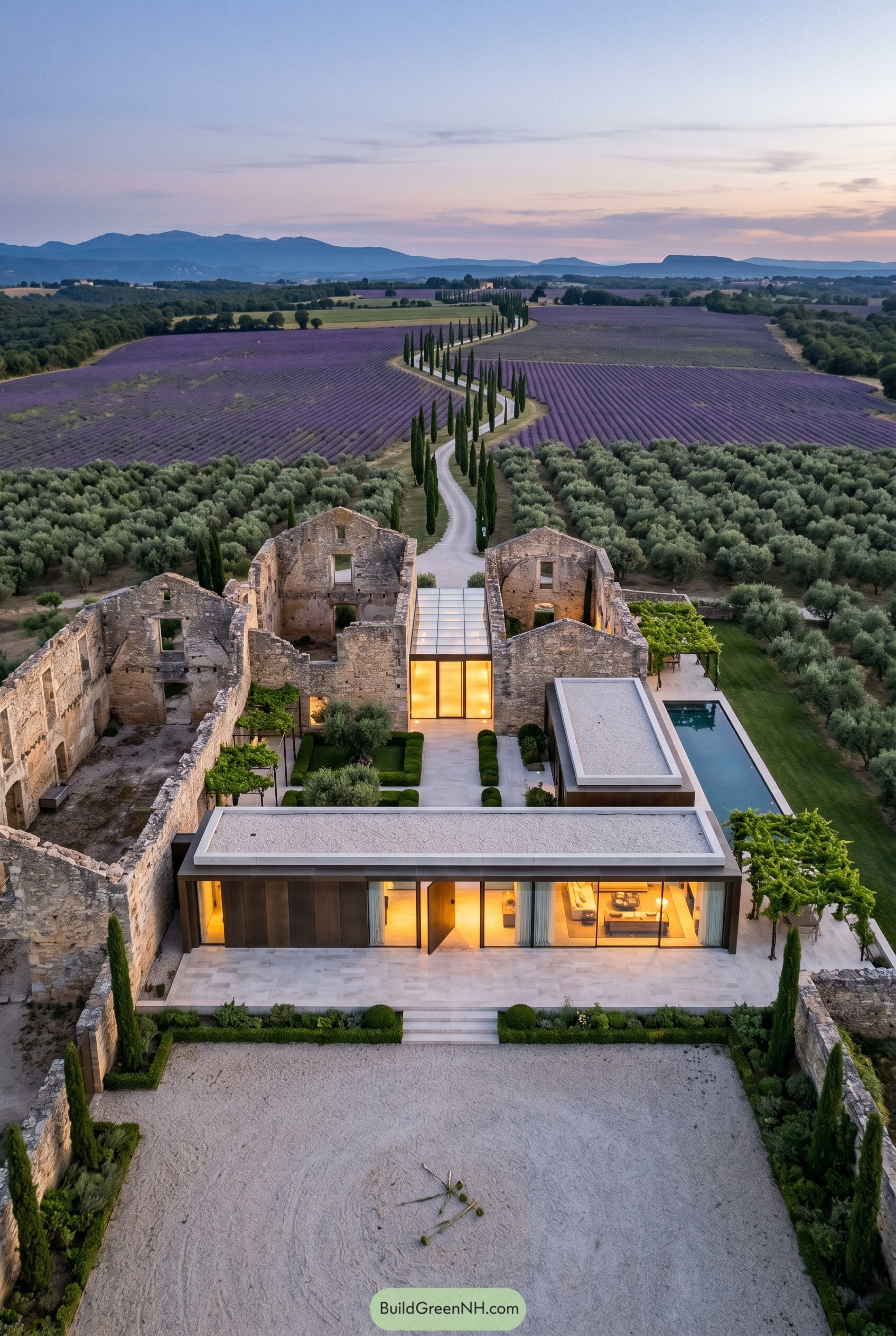 Modern glass villa within stone ruins by lavender fields