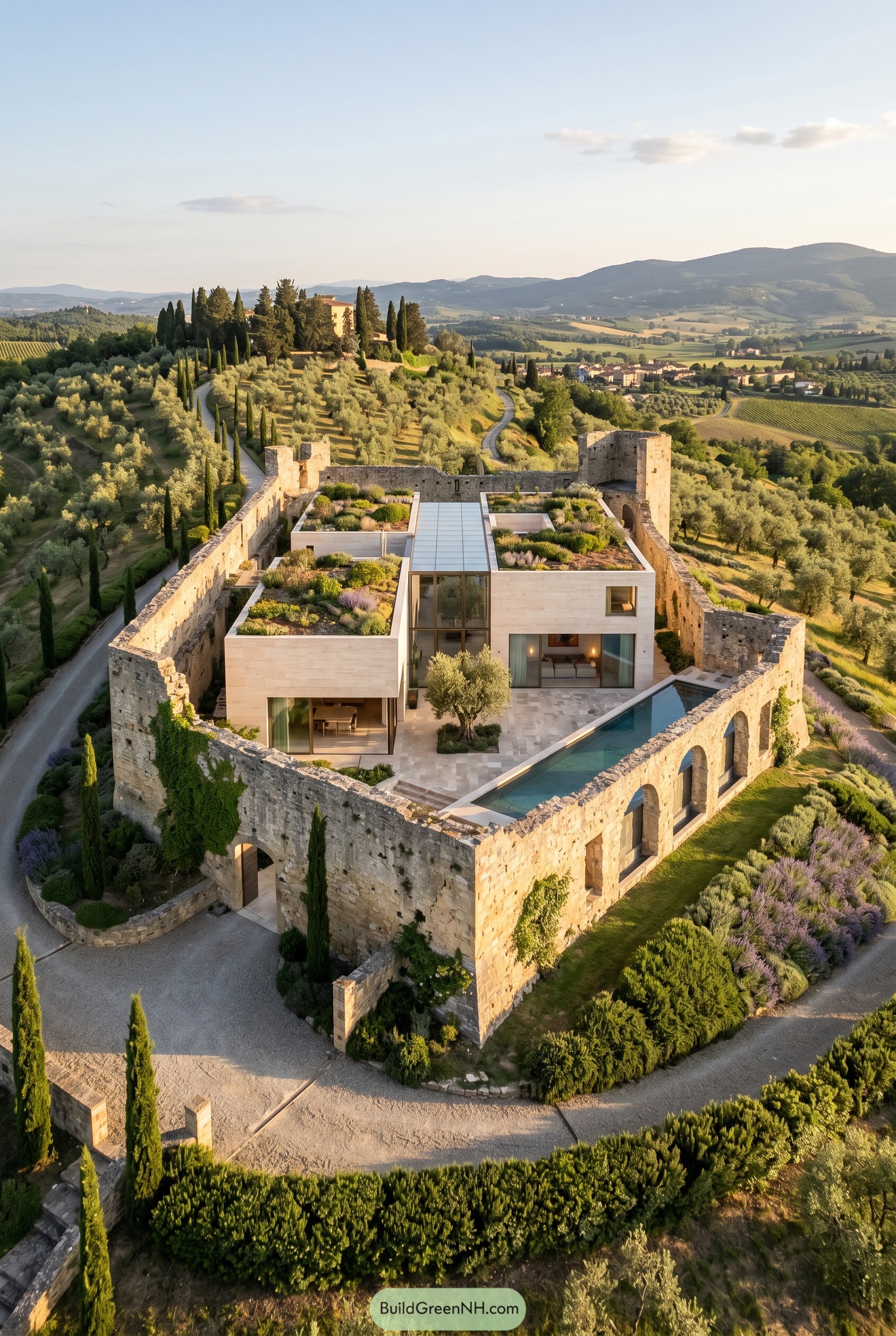 Modern villa inside ancient stone ruins