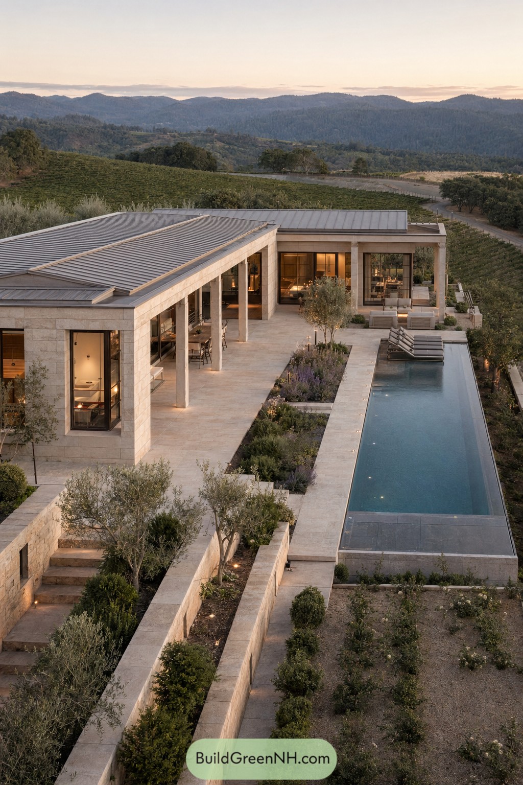 Stone pool house beside a long lap pool