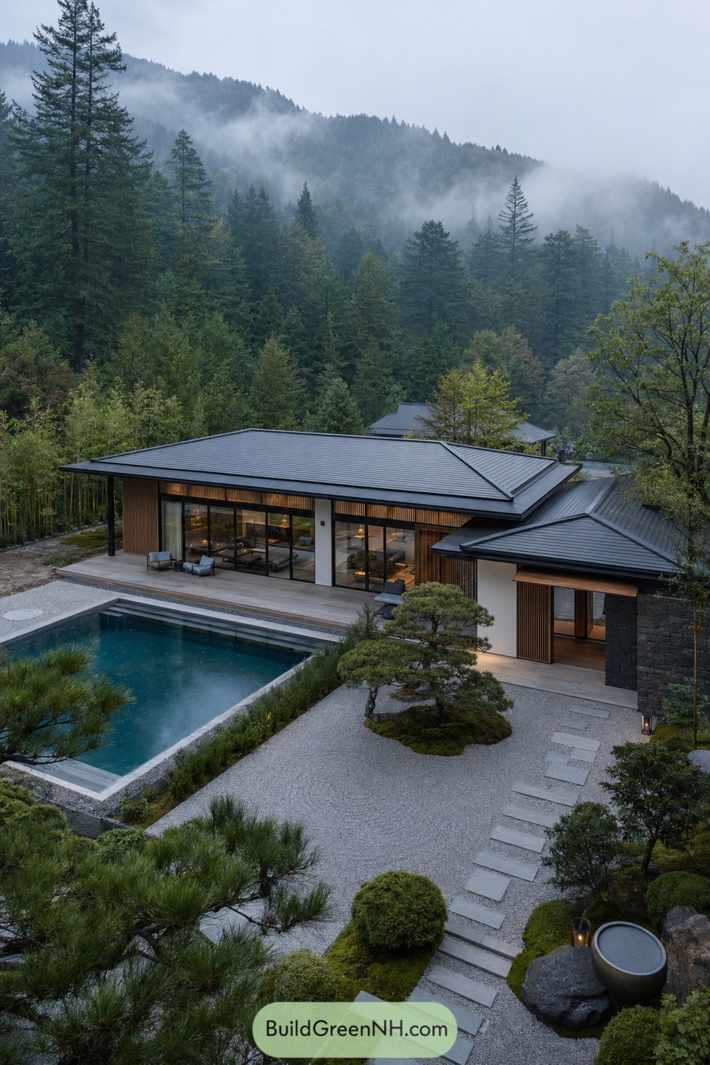 Modern pool house with pool and gravel garden