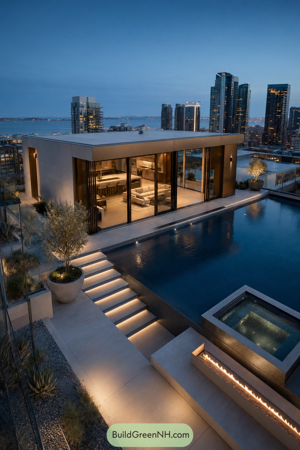 Modern rooftop pool house with city skyline pool