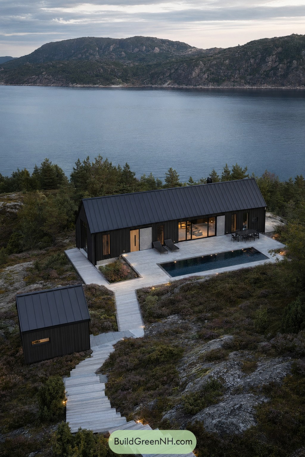 Black gabled pool house above rocky waterfront