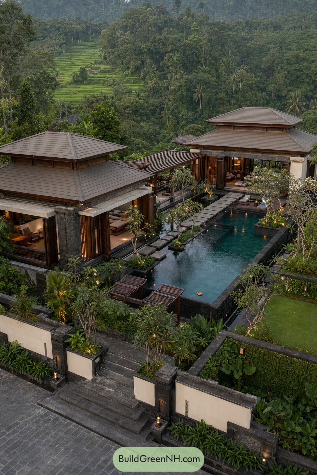Tropical pool house with dark stone pavilions and long pool