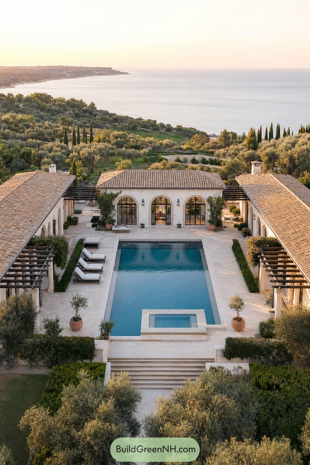 Mediterranean courtyard pool house with sea view