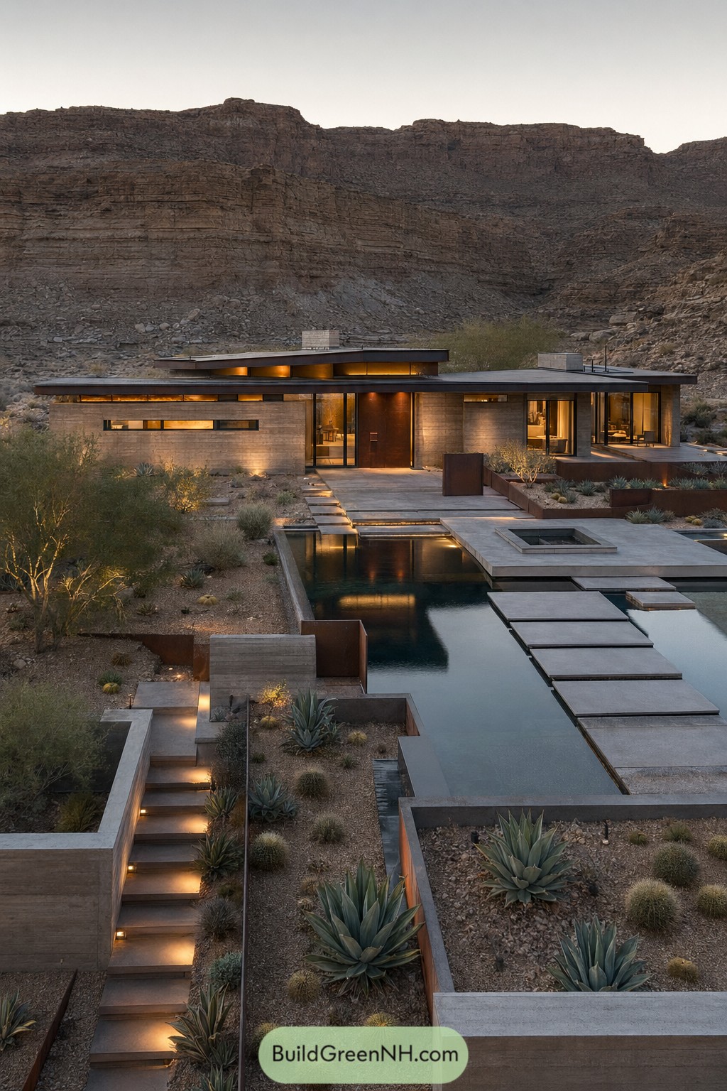 Desert pool house with reflecting pool and stepping slabs