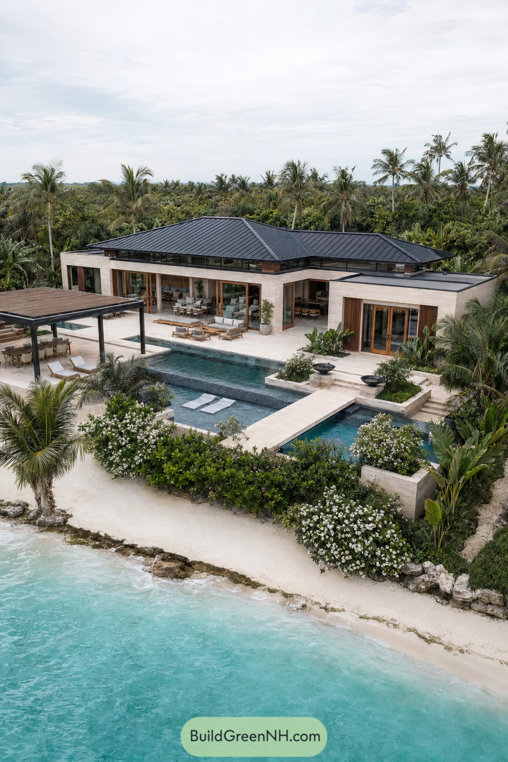 Tropical beachfront pool house with layered pools