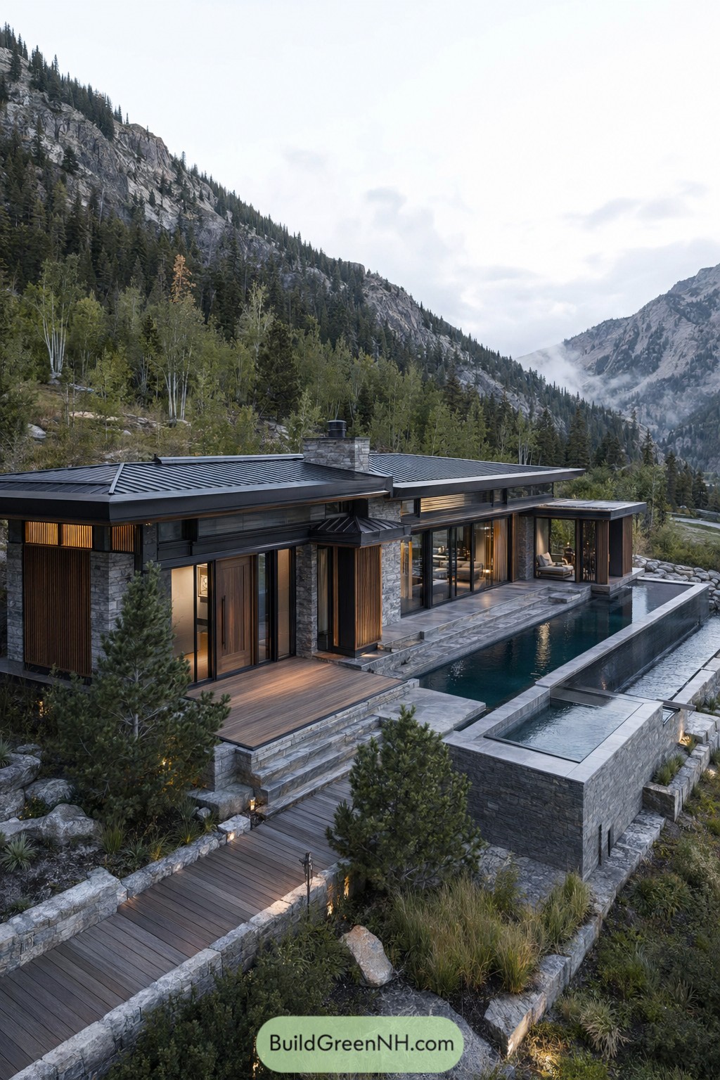 Modern mountain pool house with lap pool