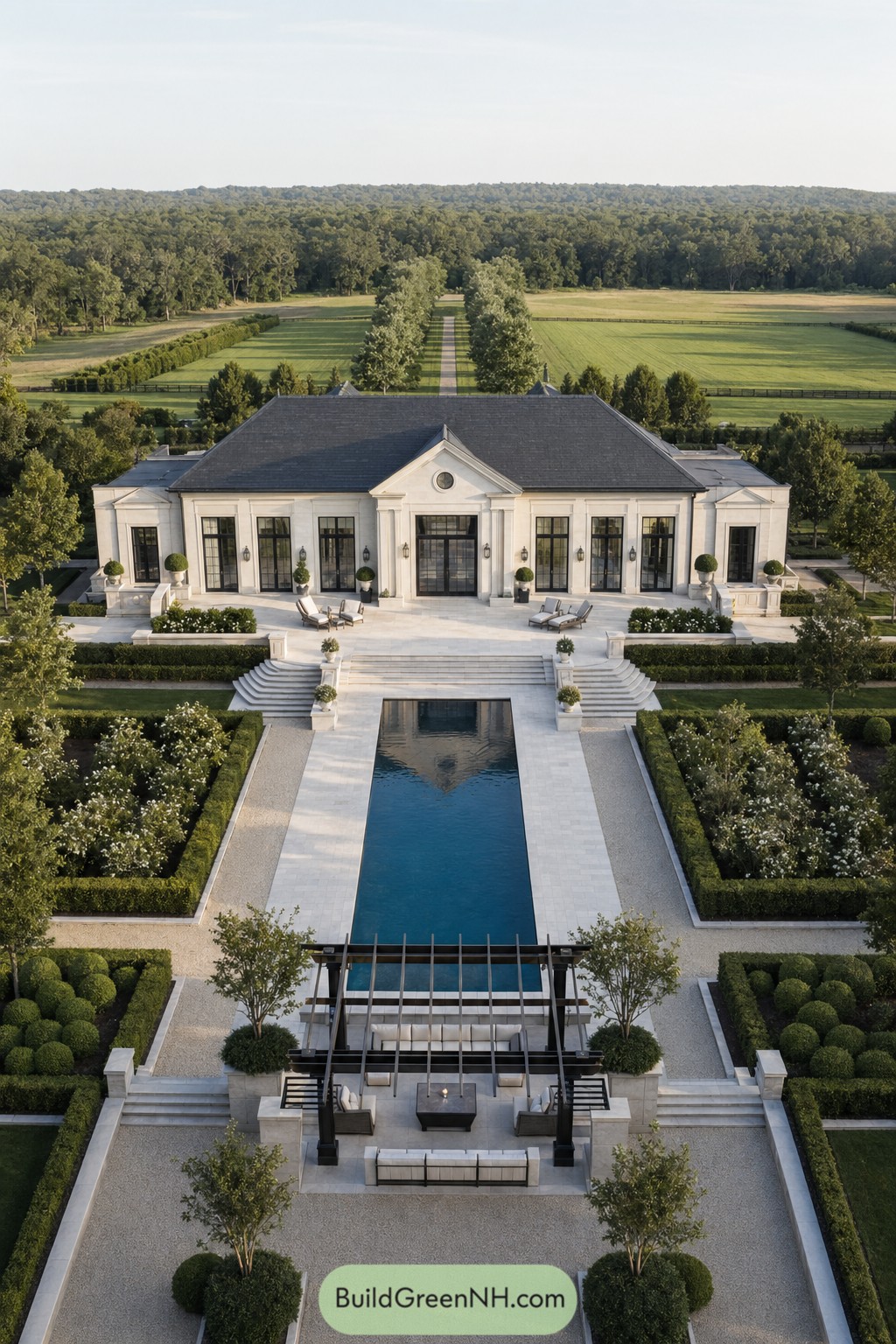Formal manor pool house with long lap pool