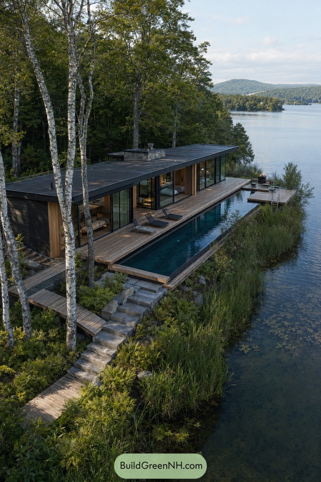 Modern lakeside pool house with lap pool
