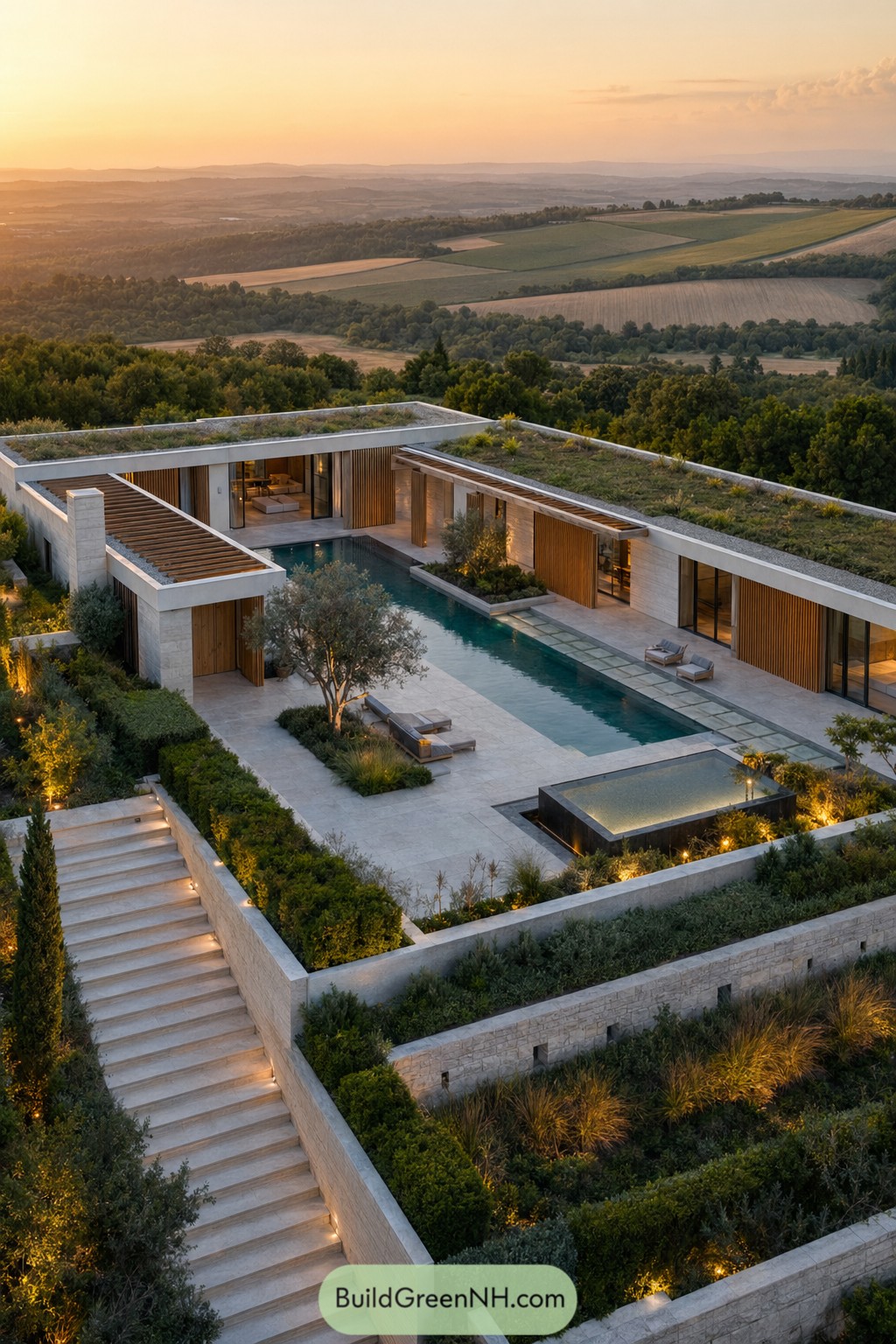 Hillside pool house with green roofs and long courtyard pool