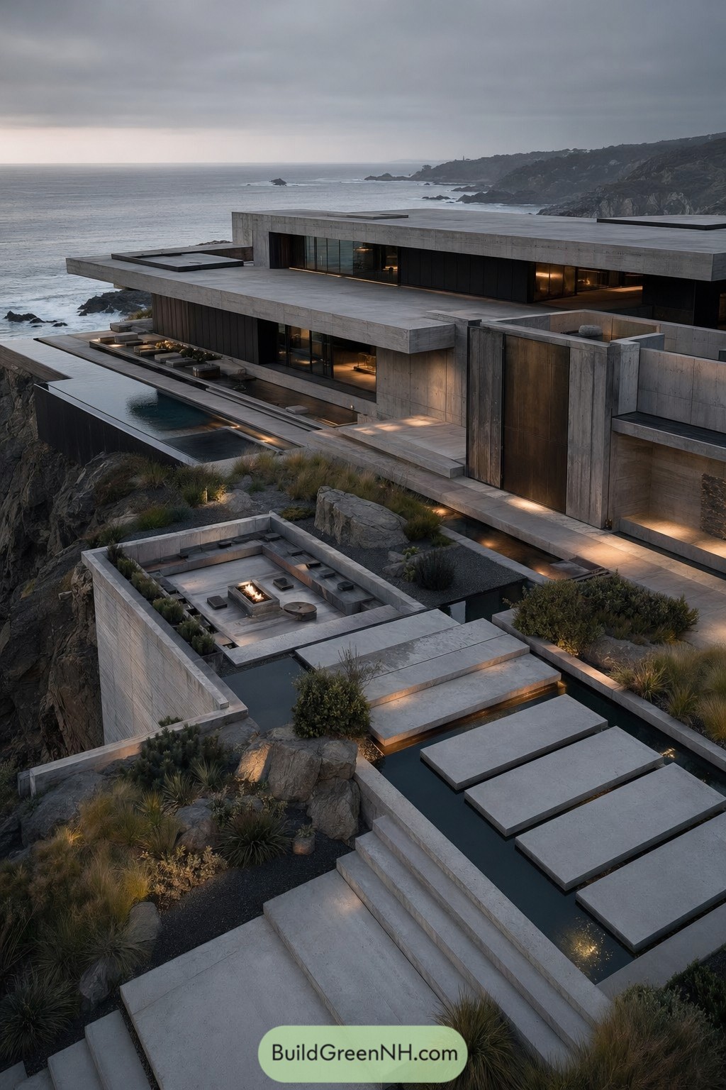 Cliffside concrete pool house with reflecting pools