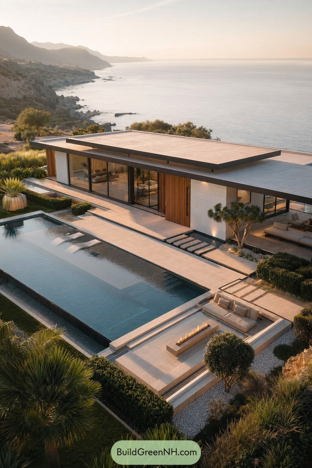 Modern clifftop pool house with infinity pool overlooking the sea