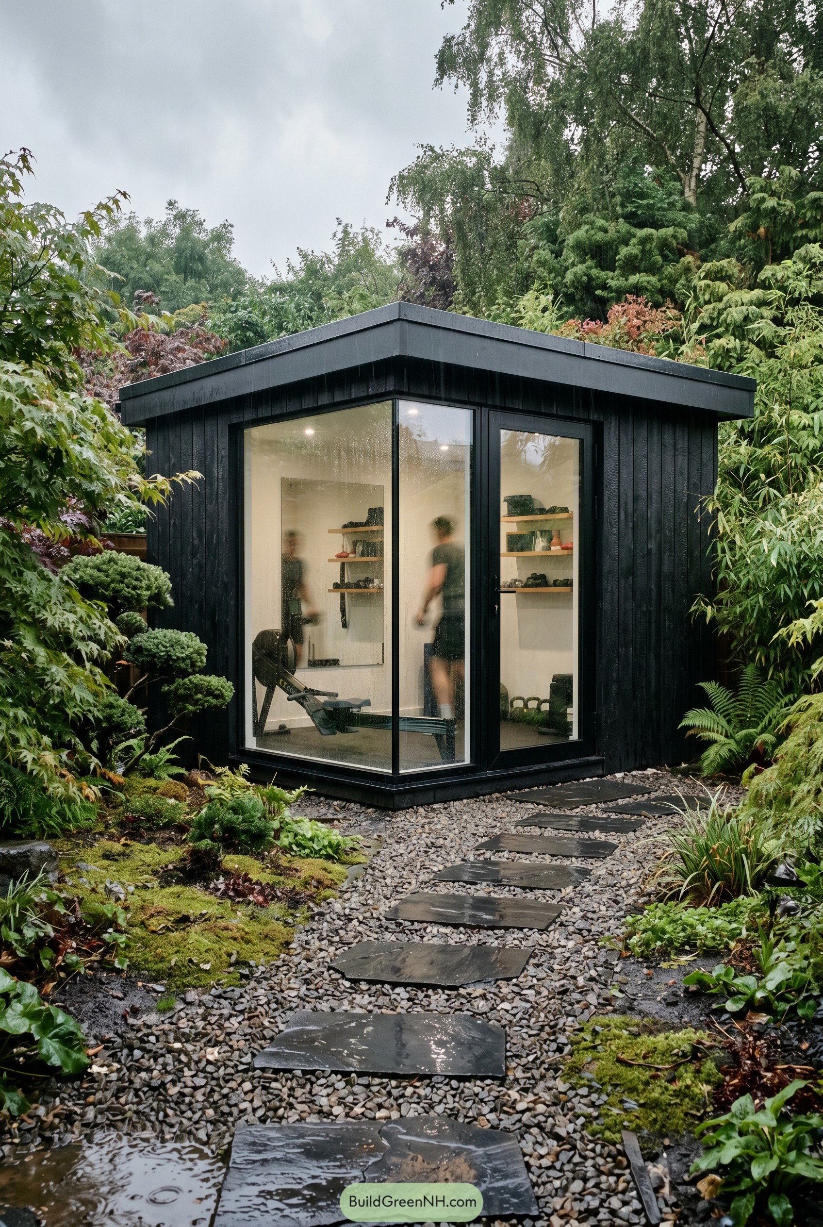 Black corner glazed gym shed in lush garden