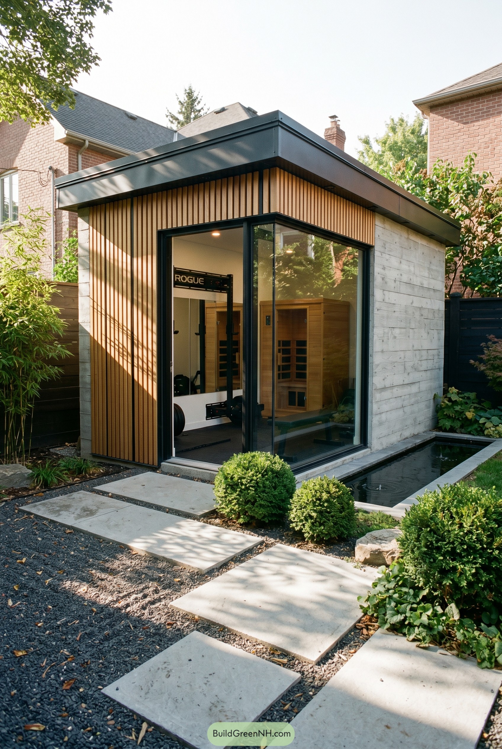 Modern gym shed with wood slats and corner glass
